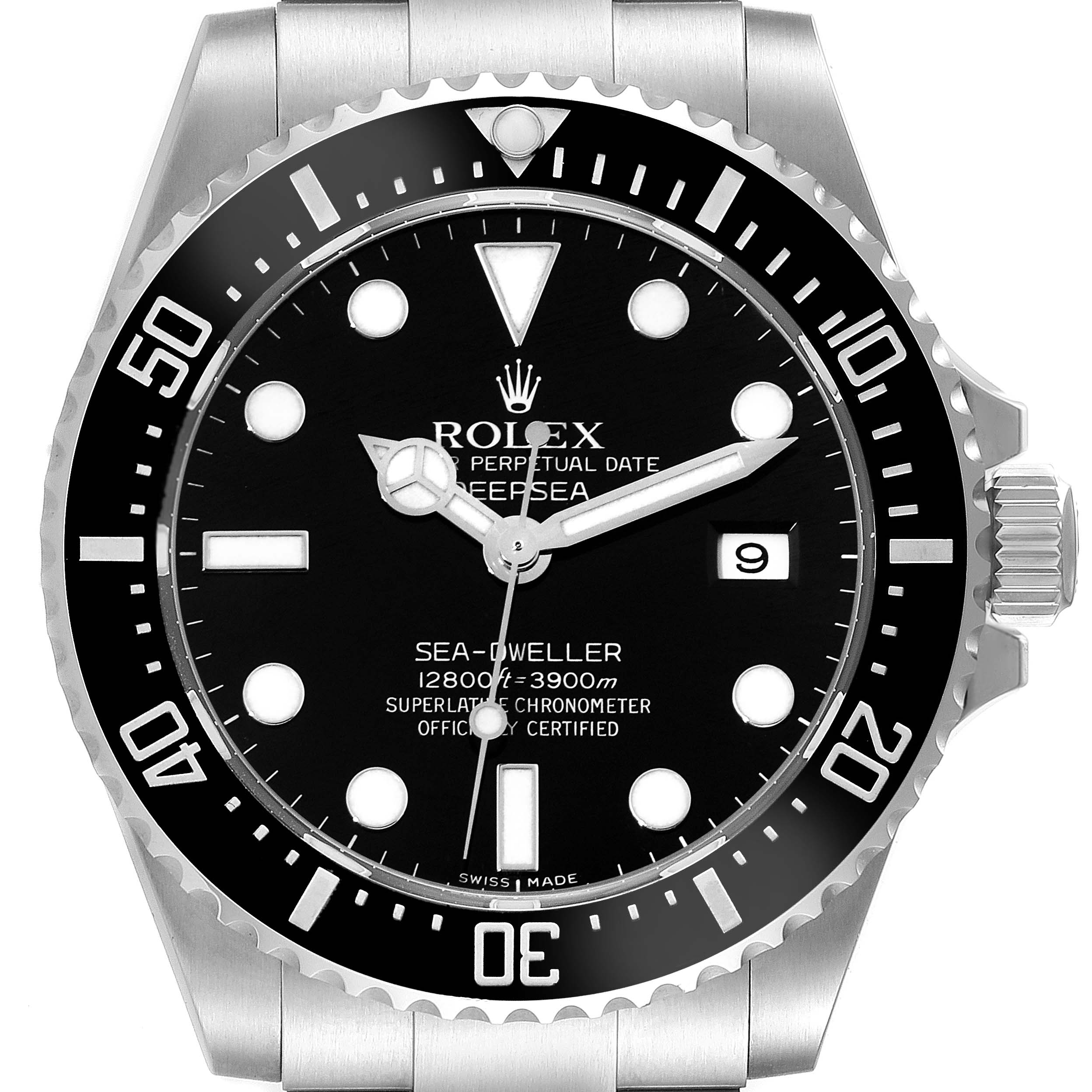 The image shows a front view of a Rolex Sea-Dweller 116660 Men
s Stainless Steel Black Dial 116660 Men
s Stainless Steel Black Dial watch, highlighting the dial, bezel, crown, and part of the bracelet.