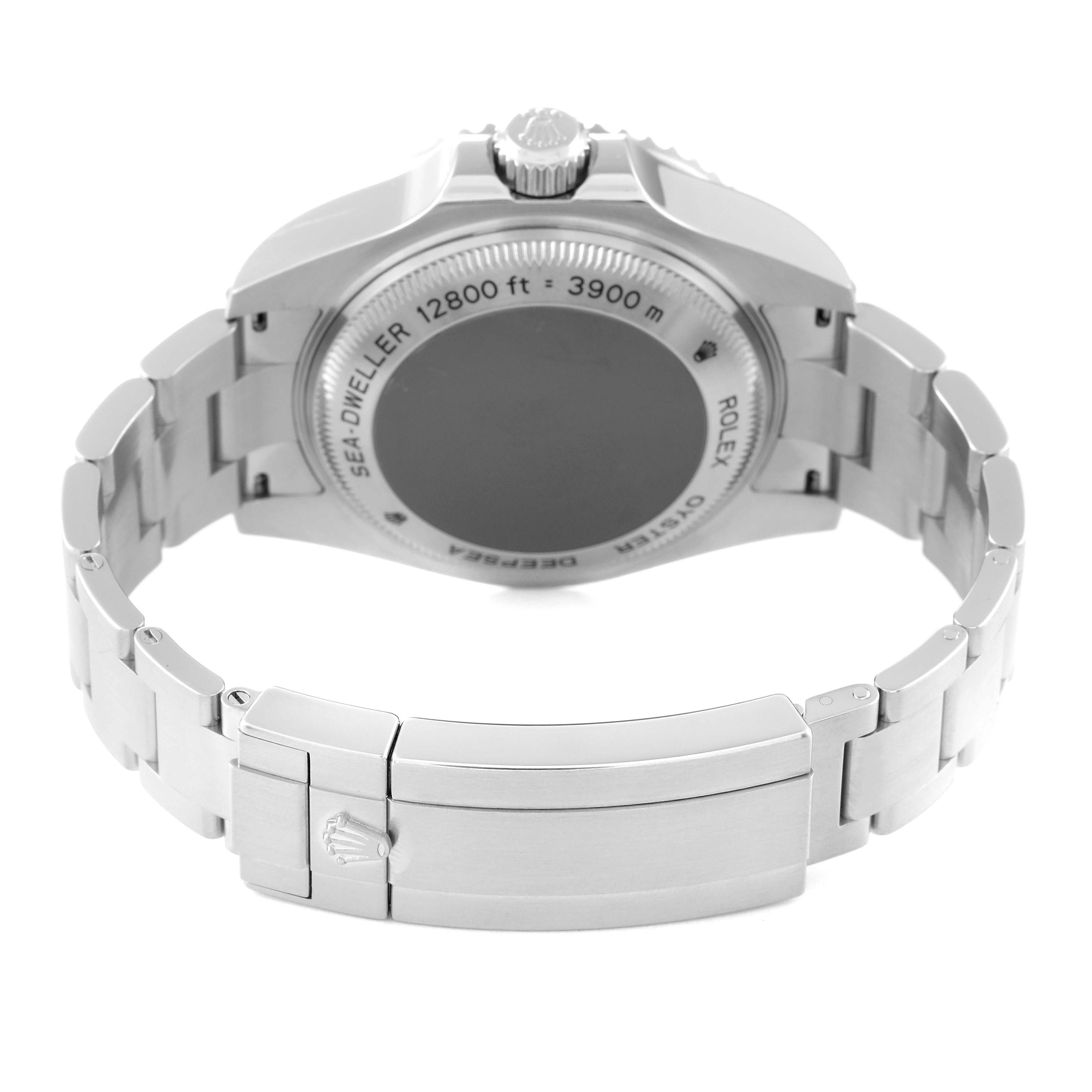 The image shows the back view of the Rolex Sea-Dweller 116660 Men
s Stainless Steel Black Dial 116660 Men
s Stainless Steel Black Dial watch, highlighting its case back and bracelet.