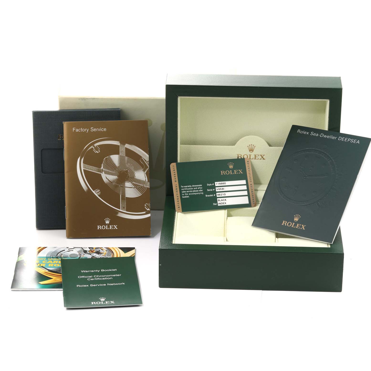 The image shows a Rolex Sea-Dweller 116660 Men
s Stainless Steel Black Dial 116660 Men
s Stainless Steel Black Dial watch box, user manuals, warranty card, and other booklets.