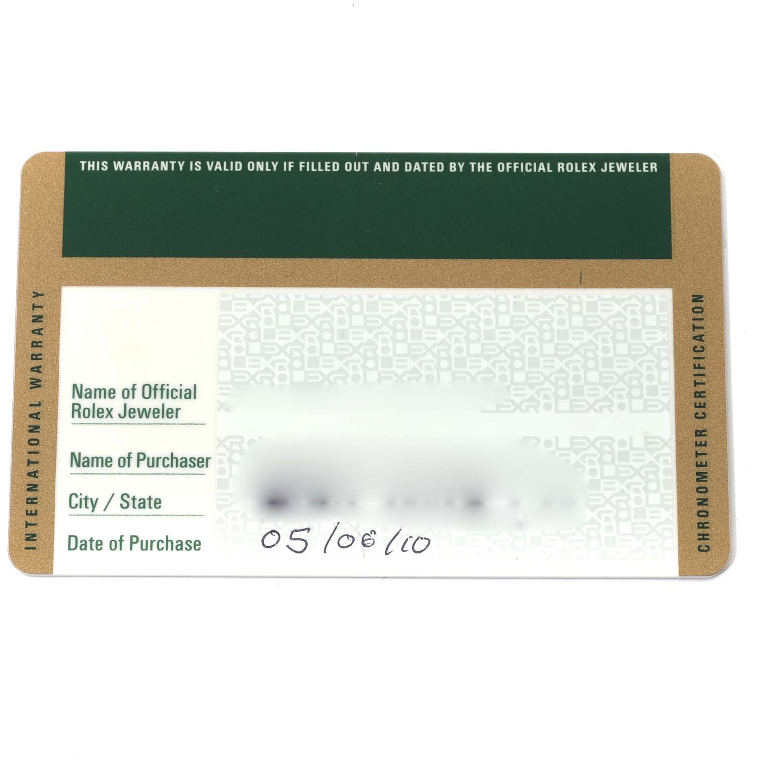 The image shows a top-down view of an international warranty card for a Rolex Sea-Dweller 116660 Men
s Stainless Steel Black Dial 116660 Men
s Stainless Steel Black Dial watch.