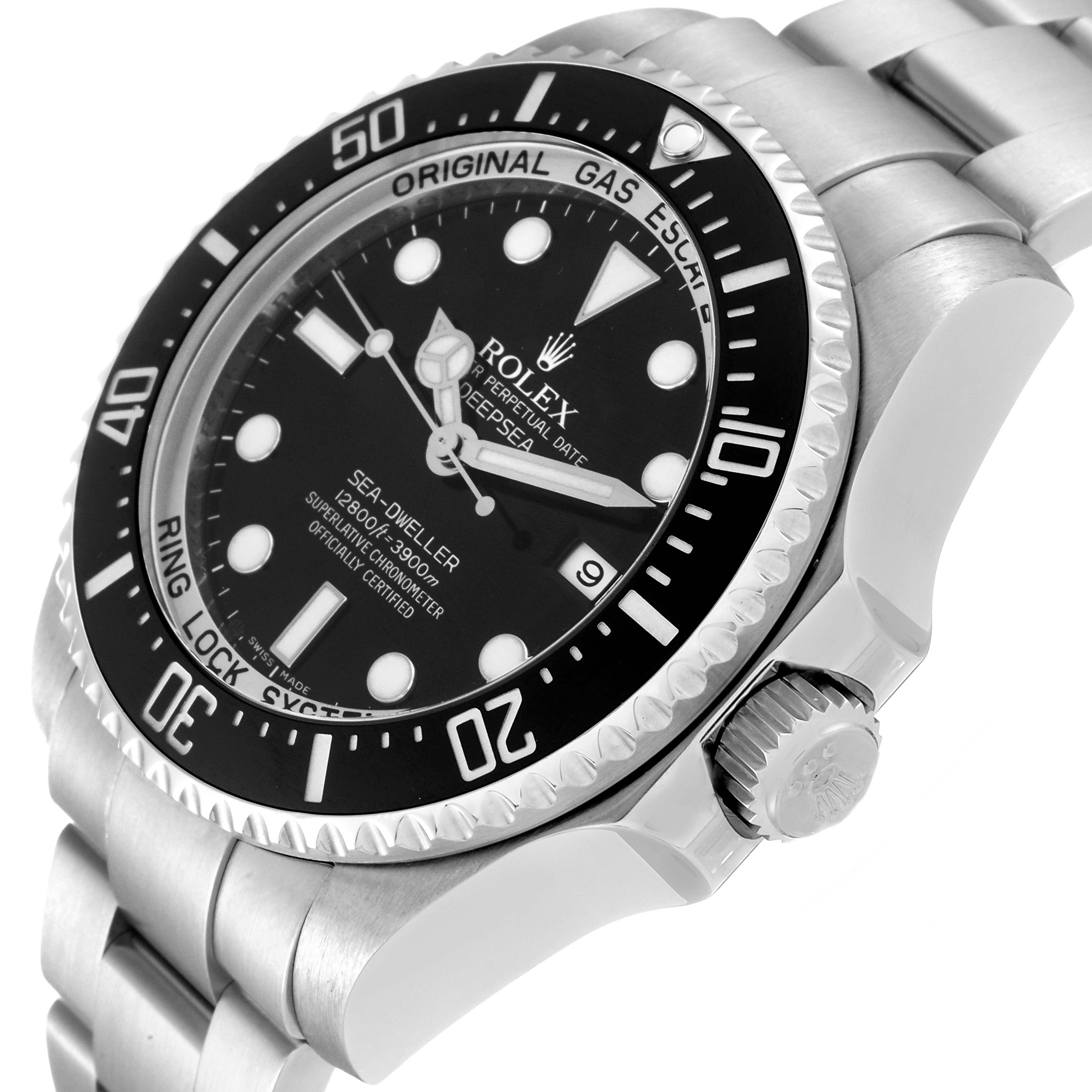 The image shows a close-up side angle of the Rolex Sea-Dweller 116660 Men
s Stainless Steel Black Dial 116660 Men
s Stainless Steel Black Dial watch, capturing the dial, bezel, crown, and part of the bracelet.
