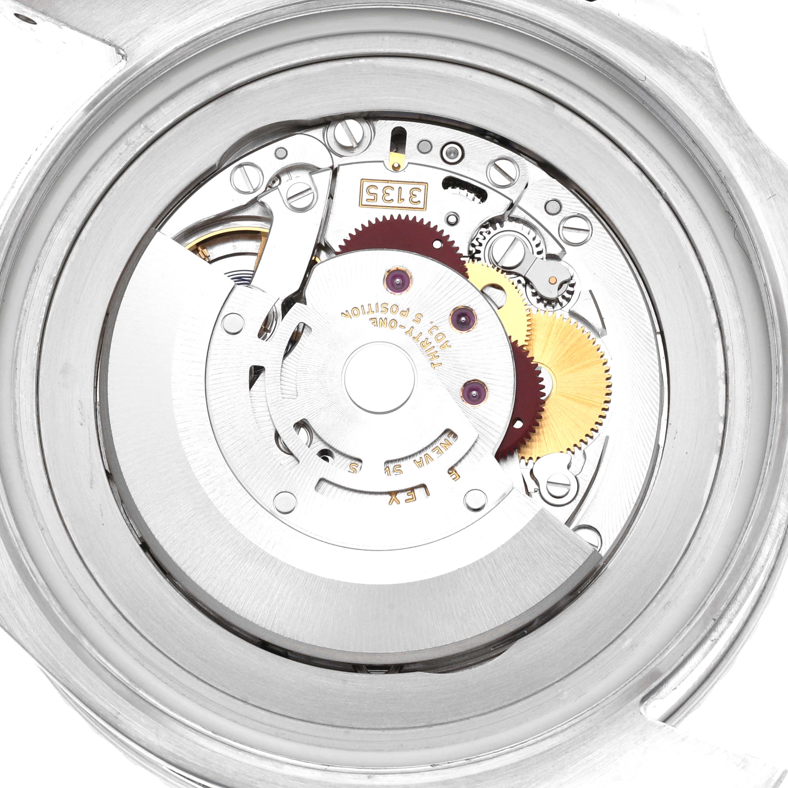This image shows the intricate internal mechanical parts of a Rolex Sea-Dweller 116660 Men
s Stainless Steel Black Dial 116660 Men
s Stainless Steel Black Dial watch, viewed from the back.