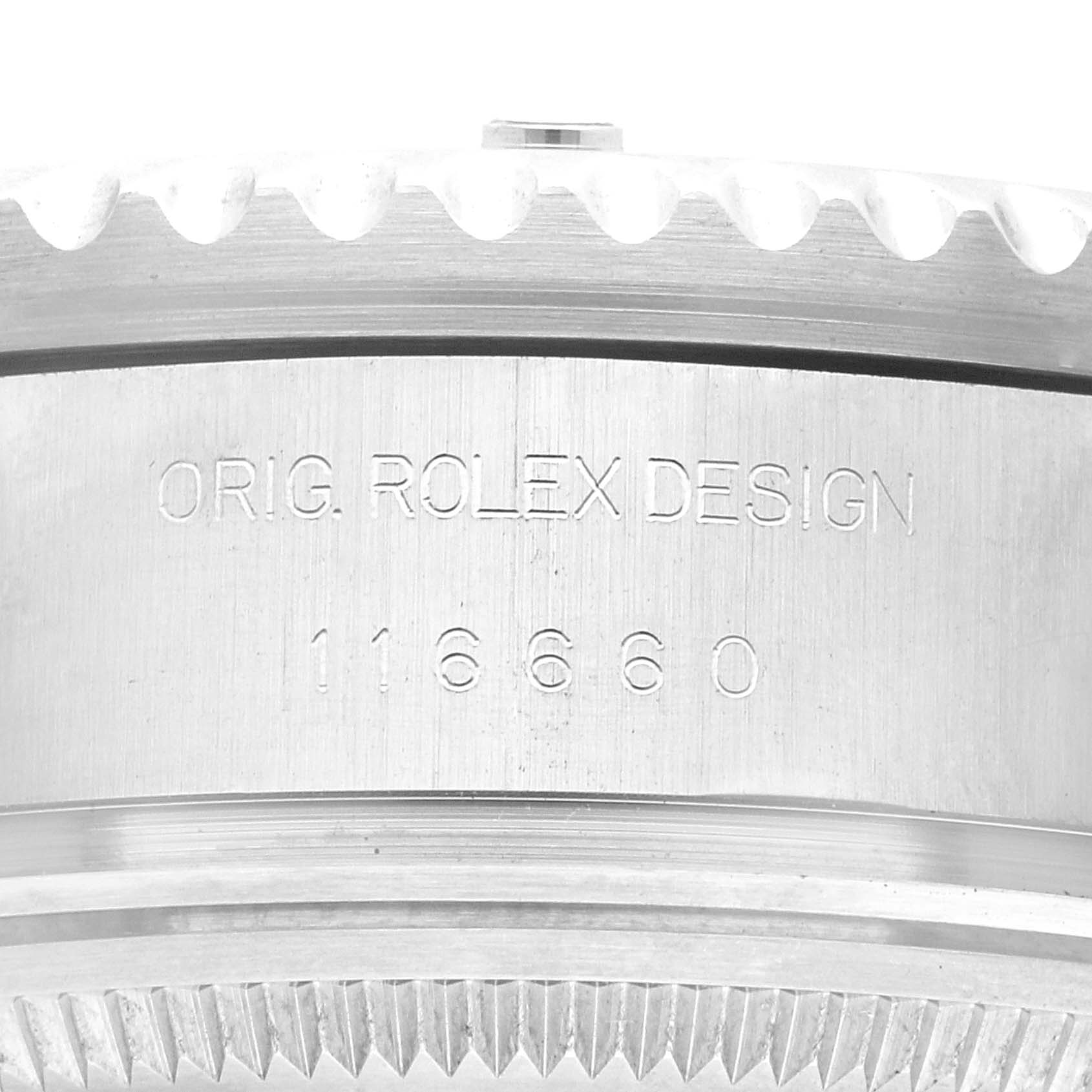 This image shows a close-up of the side case of a Rolex Sea-Dweller 116660 Men
s Stainless Steel Black Dial 116660 Men
s Stainless Steel Black Dial model, displaying the engraving "ORIG. ROLEX DESIGN" and the model number.