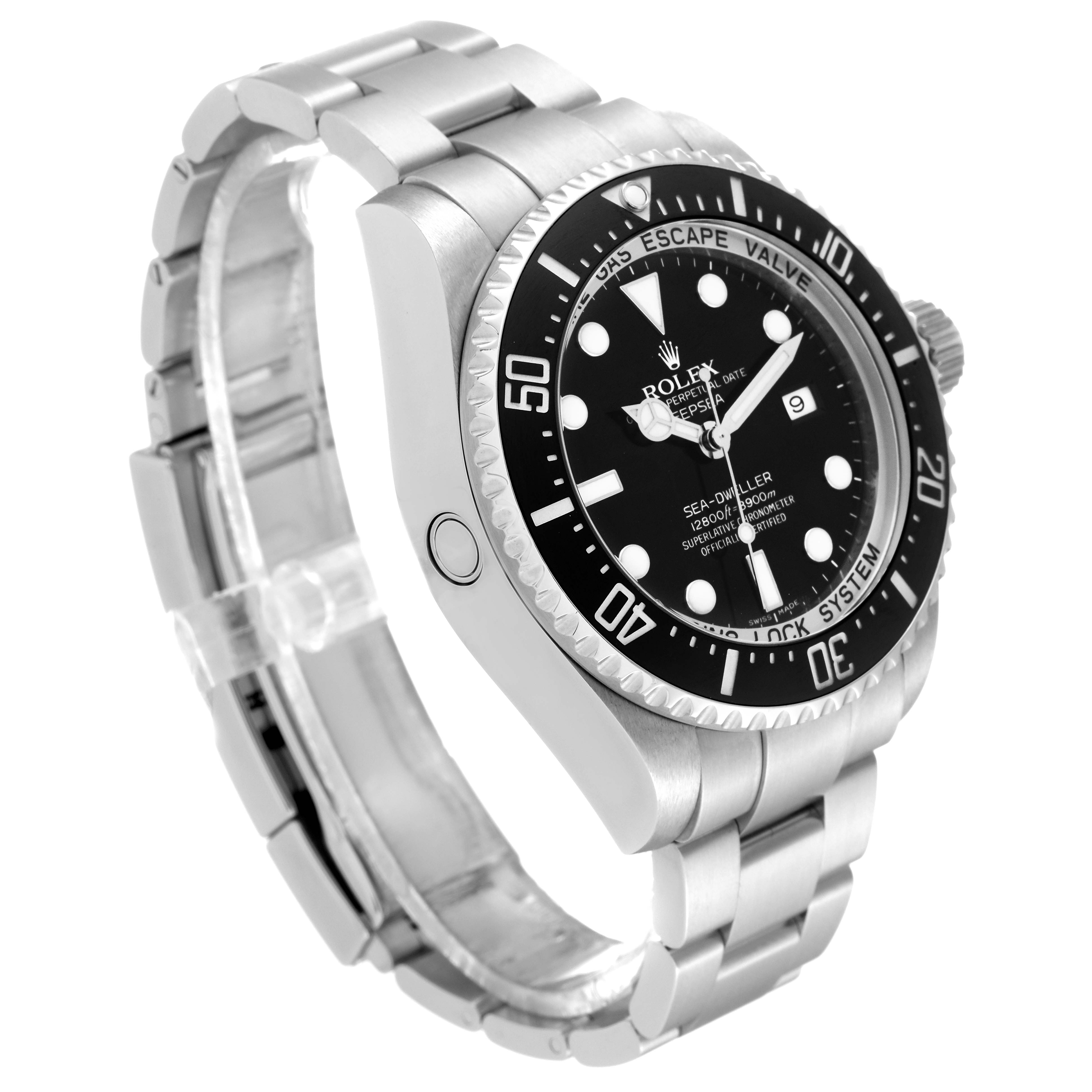 The Rolex Sea-Dweller 116660 Men
s Stainless Steel Black Dial 116660 Men
s Stainless Steel Black Dial watch is shown at a slight angle, highlighting the face, bezel, case, and part of the bracelet.