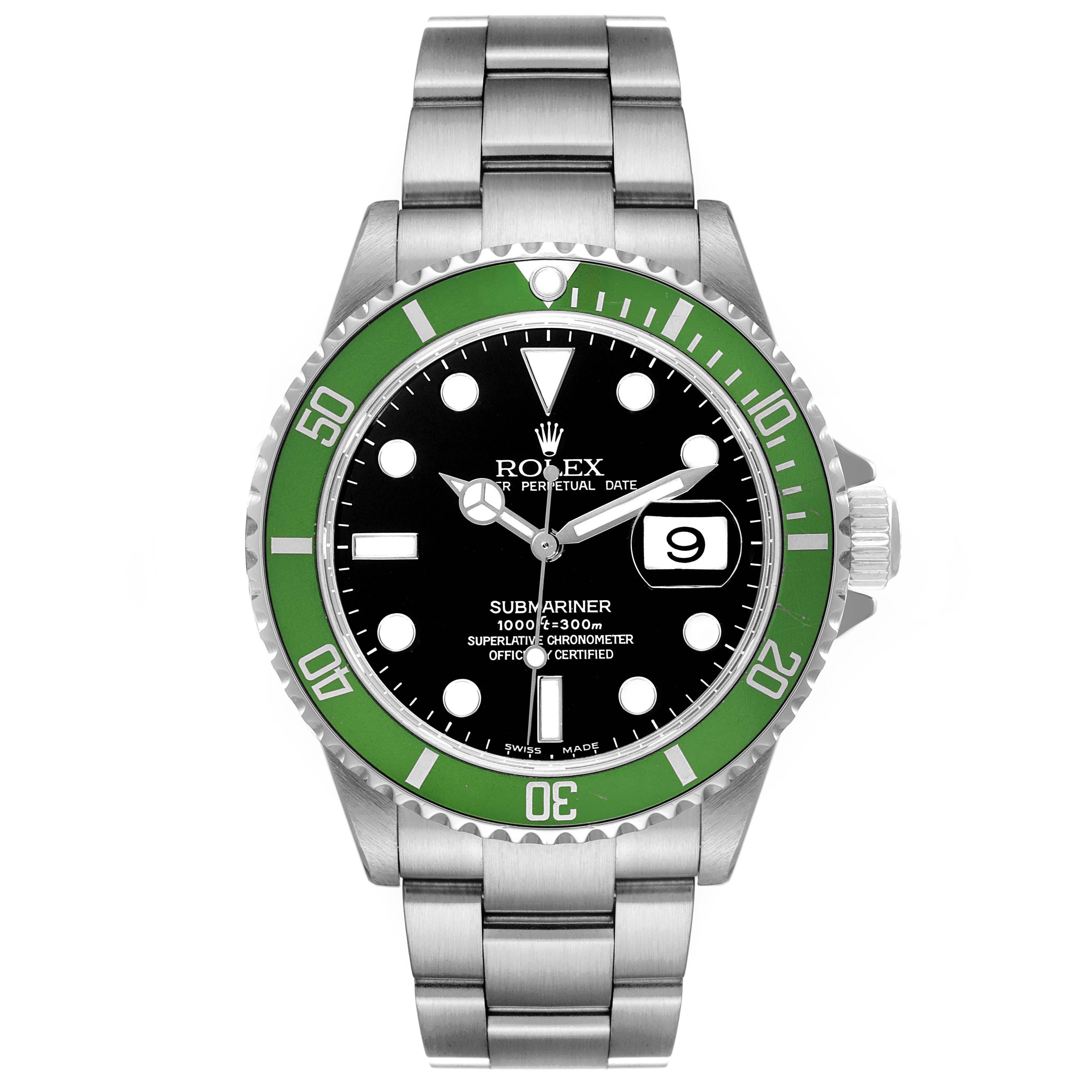 This Rolex Submariner 16610LV Men's Stainless Steel Black Dial 16610LV Men's Stainless Steel Black Dial model is shown from the front, displaying its black dial, green bezel, and stainless steel bracelet.