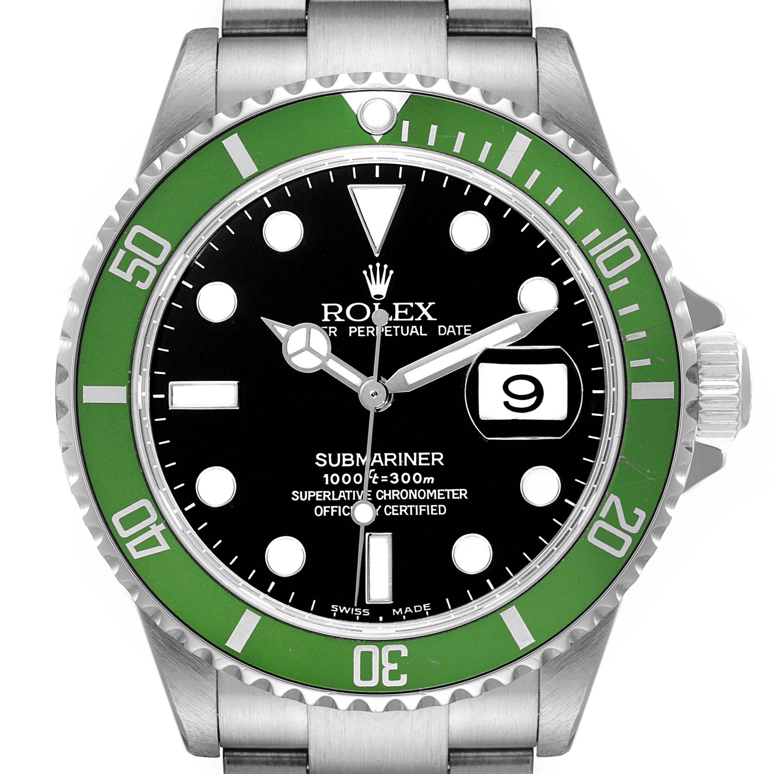 The image shows a front view of a Rolex Submariner 16610LV Men's Stainless Steel Black Dial 16610LV Men's Stainless Steel Black Dial watch, highlighting its green bezel, black dial, and date display.
