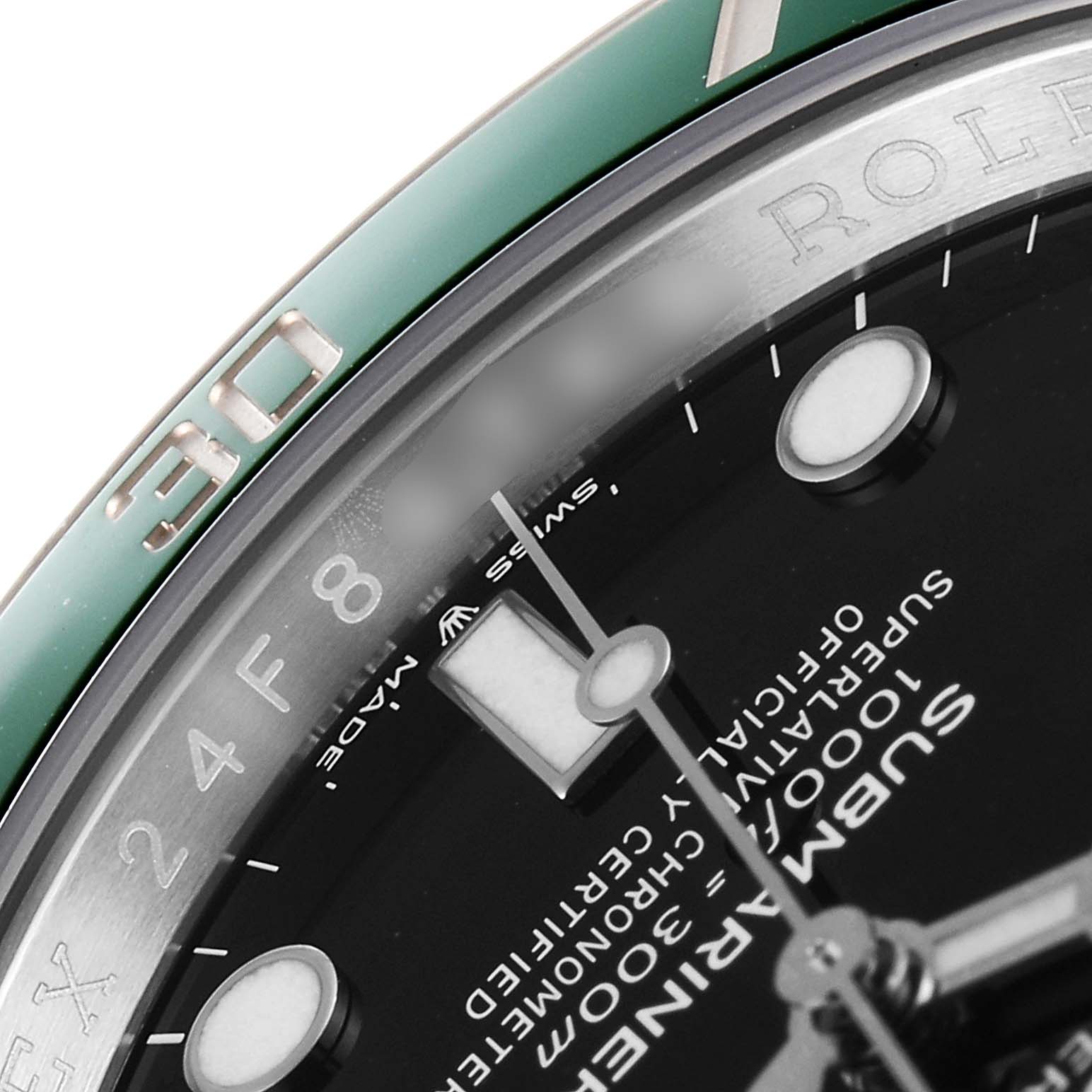 The image shows a close-up of the Rolex Submariner 126610LV Men's Stainless Steel Black Dial 126610LV Men's Stainless Steel Black Dial watch face and bezel, highlighting the 30-minute marker and text details.