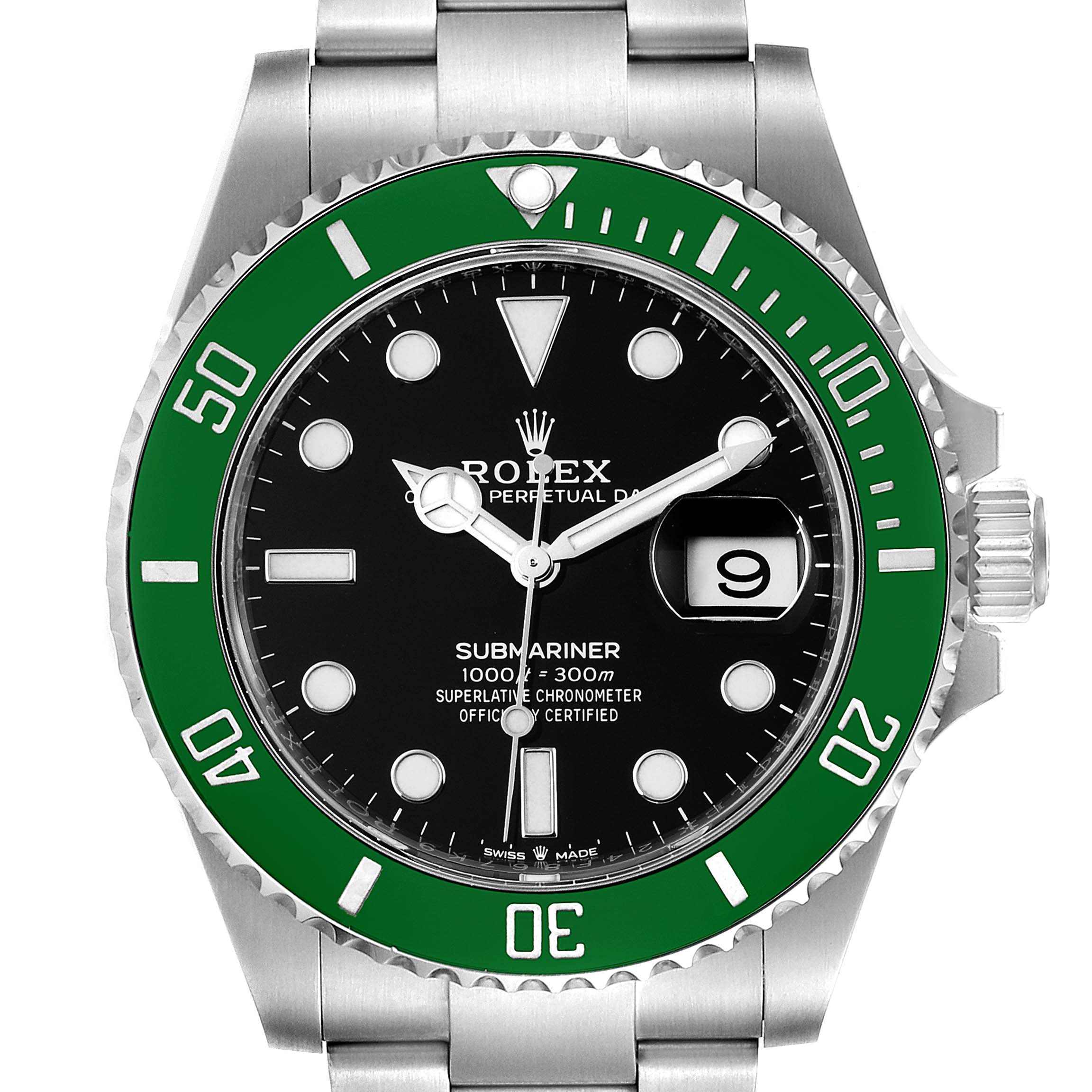 The Rolex Submariner 126610LV Men's Stainless Steel Black Dial 126610LV Men's Stainless Steel Black Dial watch is shown from the front, displaying its green bezel, black dial, date window, and part of the metal bracelet.