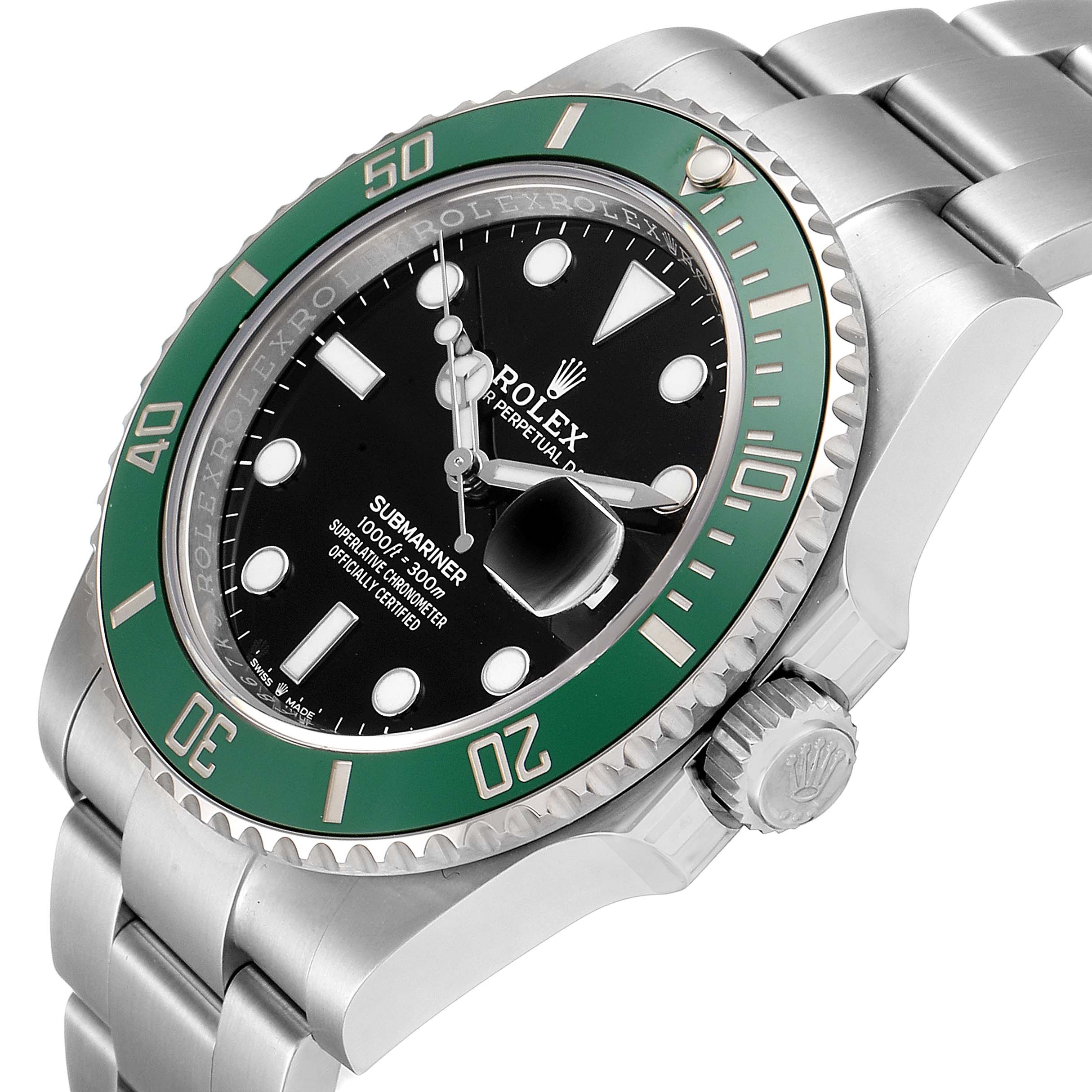 The image shows a high-angle view of a Rolex Submariner 126610LV Men's Stainless Steel Black Dial 126610LV Men's Stainless Steel Black Dial watch, featuring its bezel, dial, crown, and bracelet.