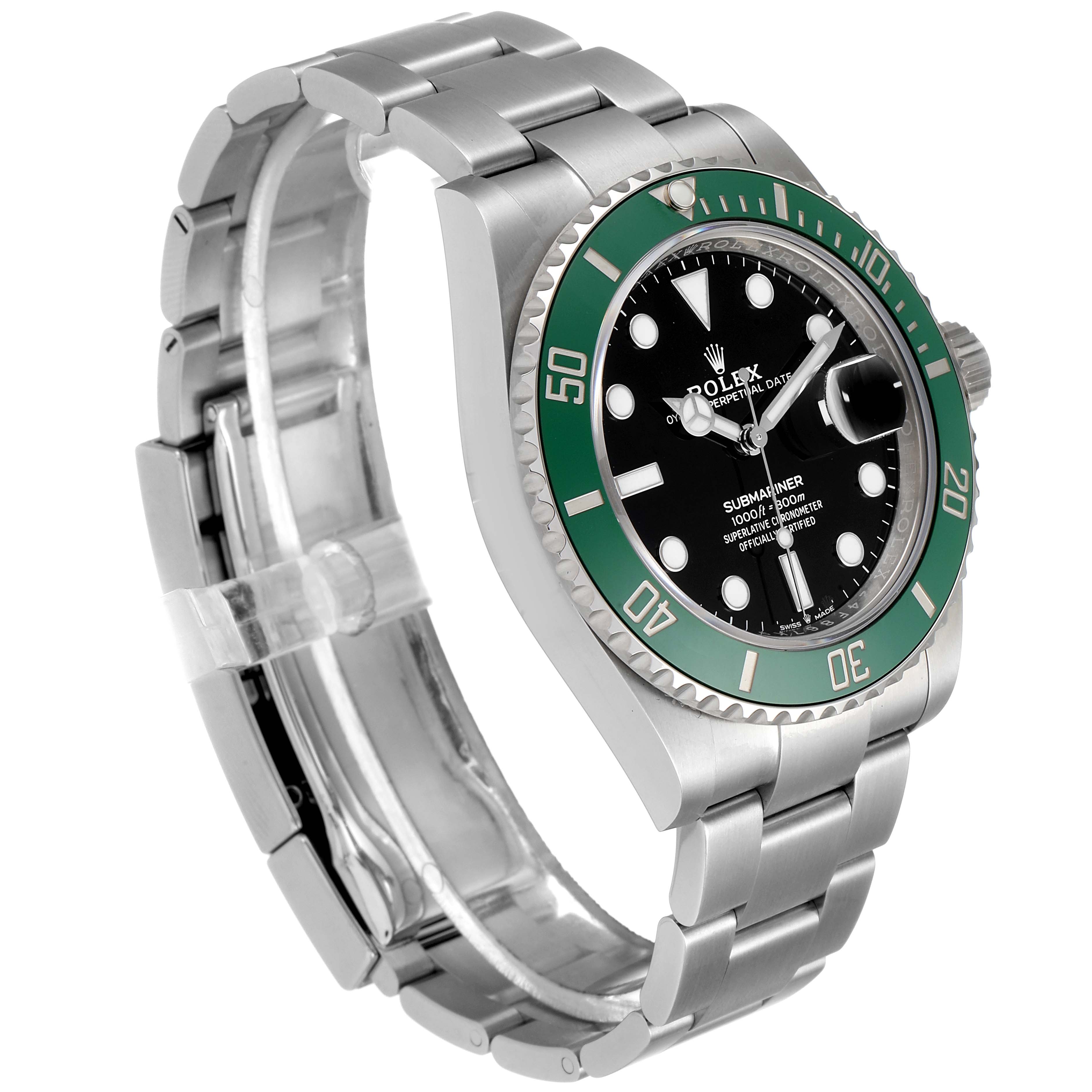 The image shows a side angle of the Rolex Submariner 126610LV Men's Stainless Steel Black Dial 126610LV Men's Stainless Steel Black Dial watch with a green bezel, black dial, and stainless steel bracelet.