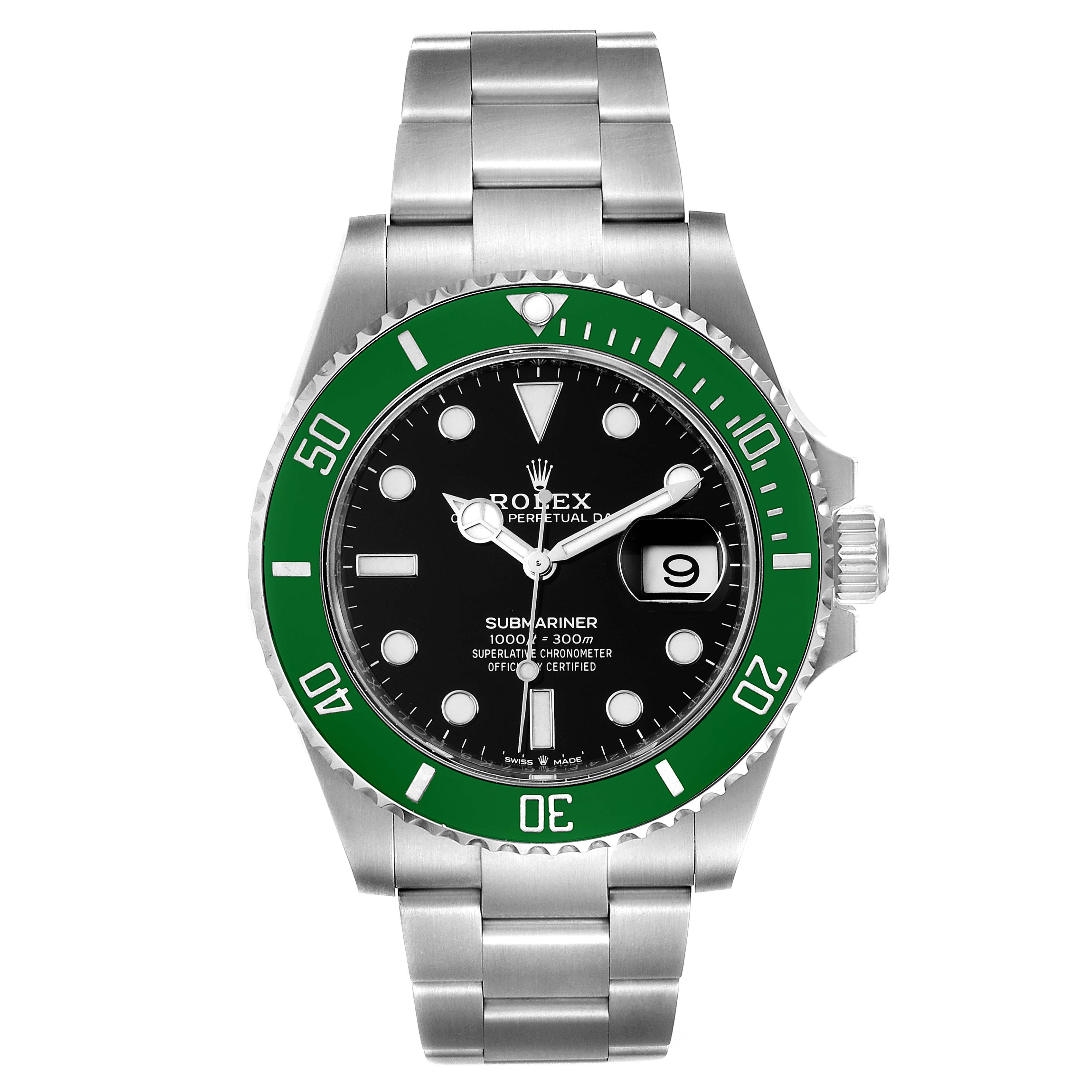 The image shows a front view of a Rolex Submariner 126610LV Men's Stainless Steel Black Dial 126610LV Men's Stainless Steel Black Dial watch, displaying its dial, bezel, and bracelet.