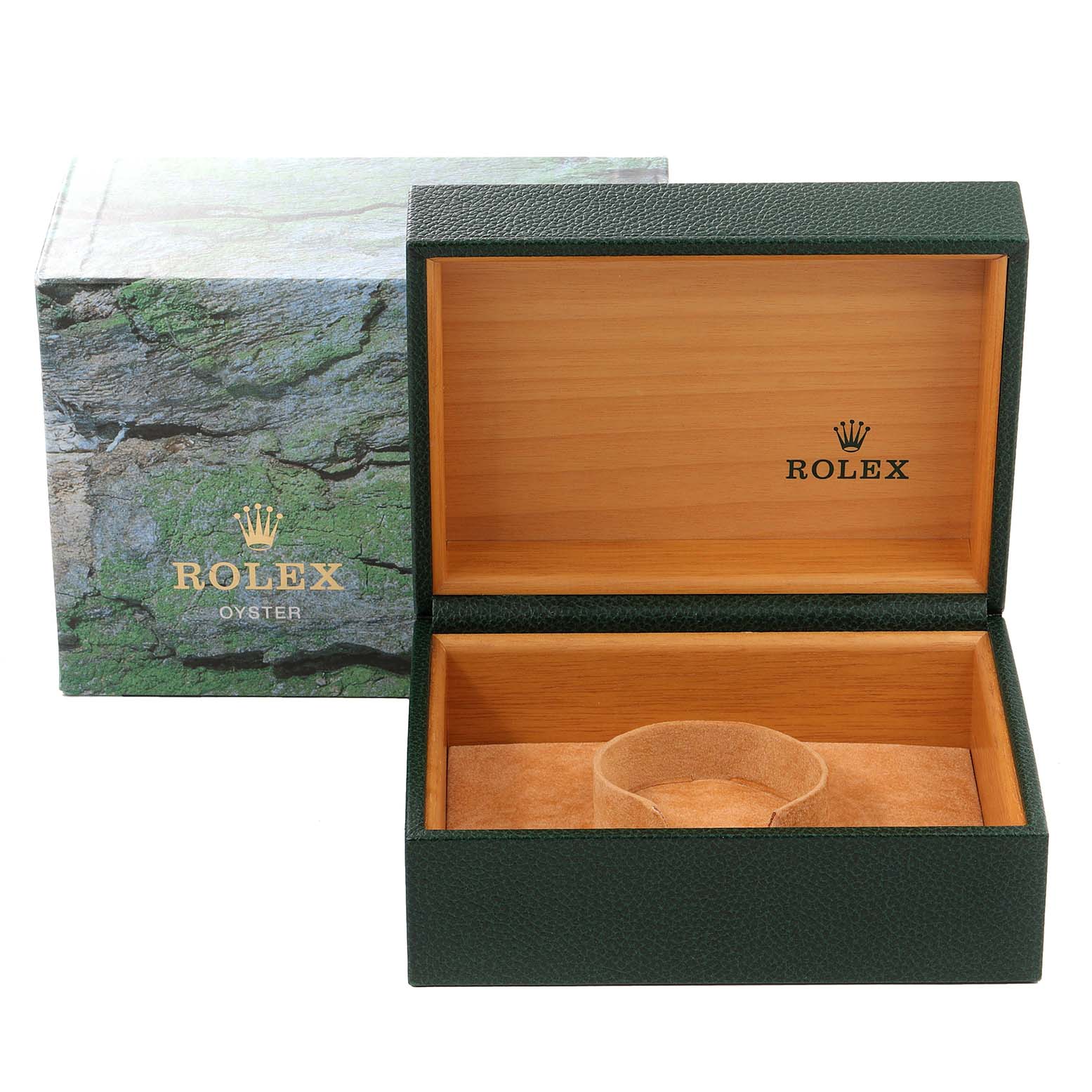 This image shows an open Rolex Submariner 16610LV Men's Stainless Steel Black Dial 16610LV Men's Stainless Steel Black Dial watch box and its outer packaging.