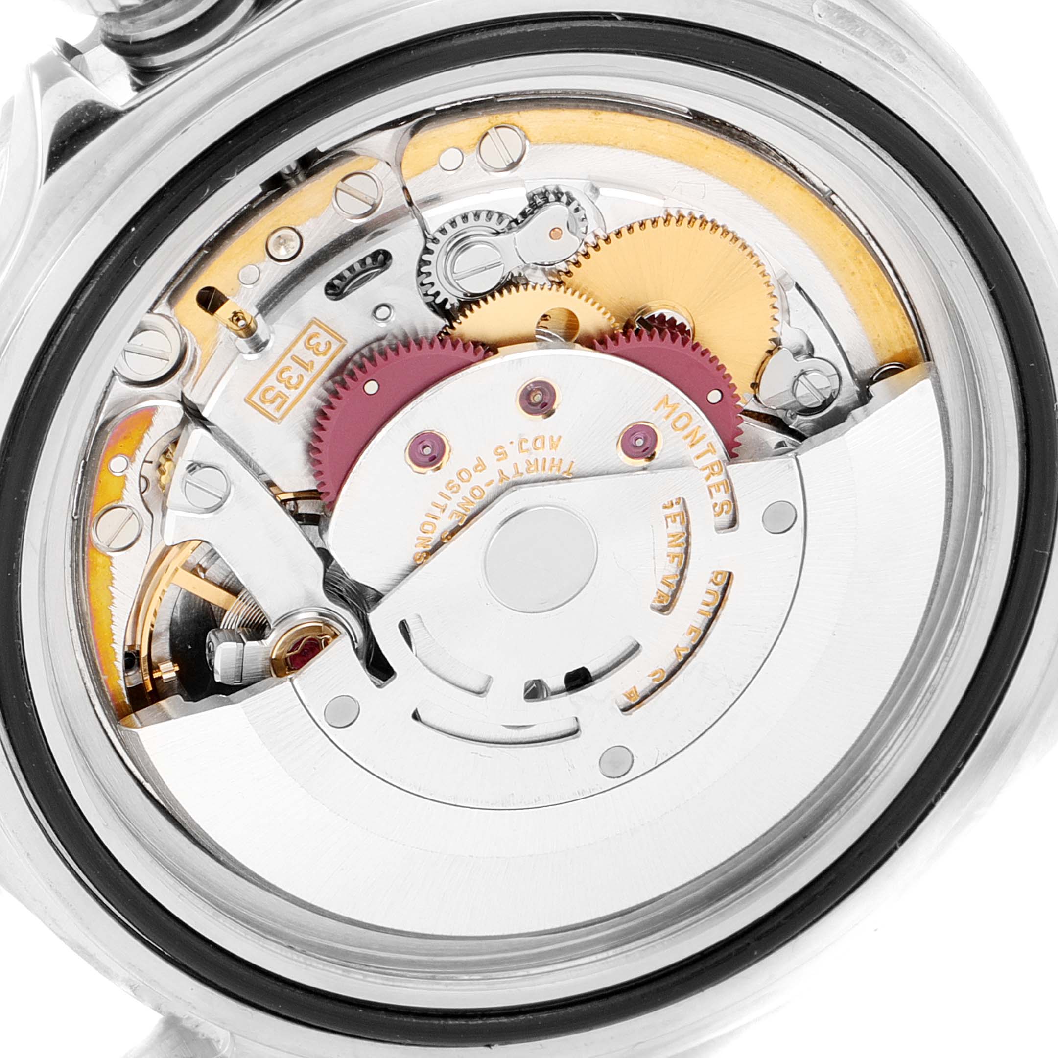 The image shows the internal mechanism of the Rolex Submariner 16610LV Men's Stainless Steel Black Dial 16610LV Men's Stainless Steel Black Dial watch in a close-up, showcasing the gears and movement components.