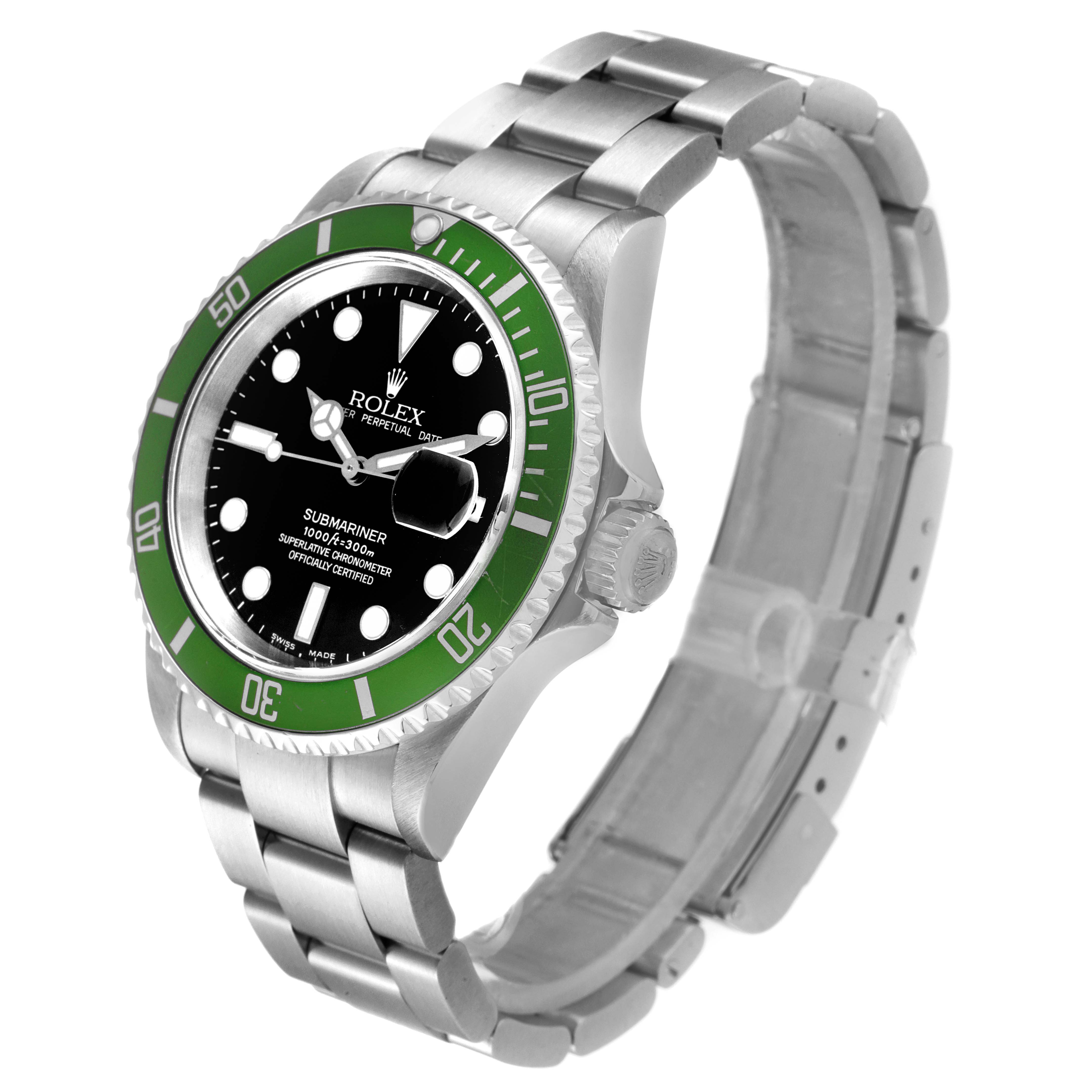 The Rolex Submariner 16610LV Men's Stainless Steel Black Dial 16610LV Men's Stainless Steel Black Dial watch is displayed at a slight angle, showcasing its face, bezel, crown, and bracelet.
