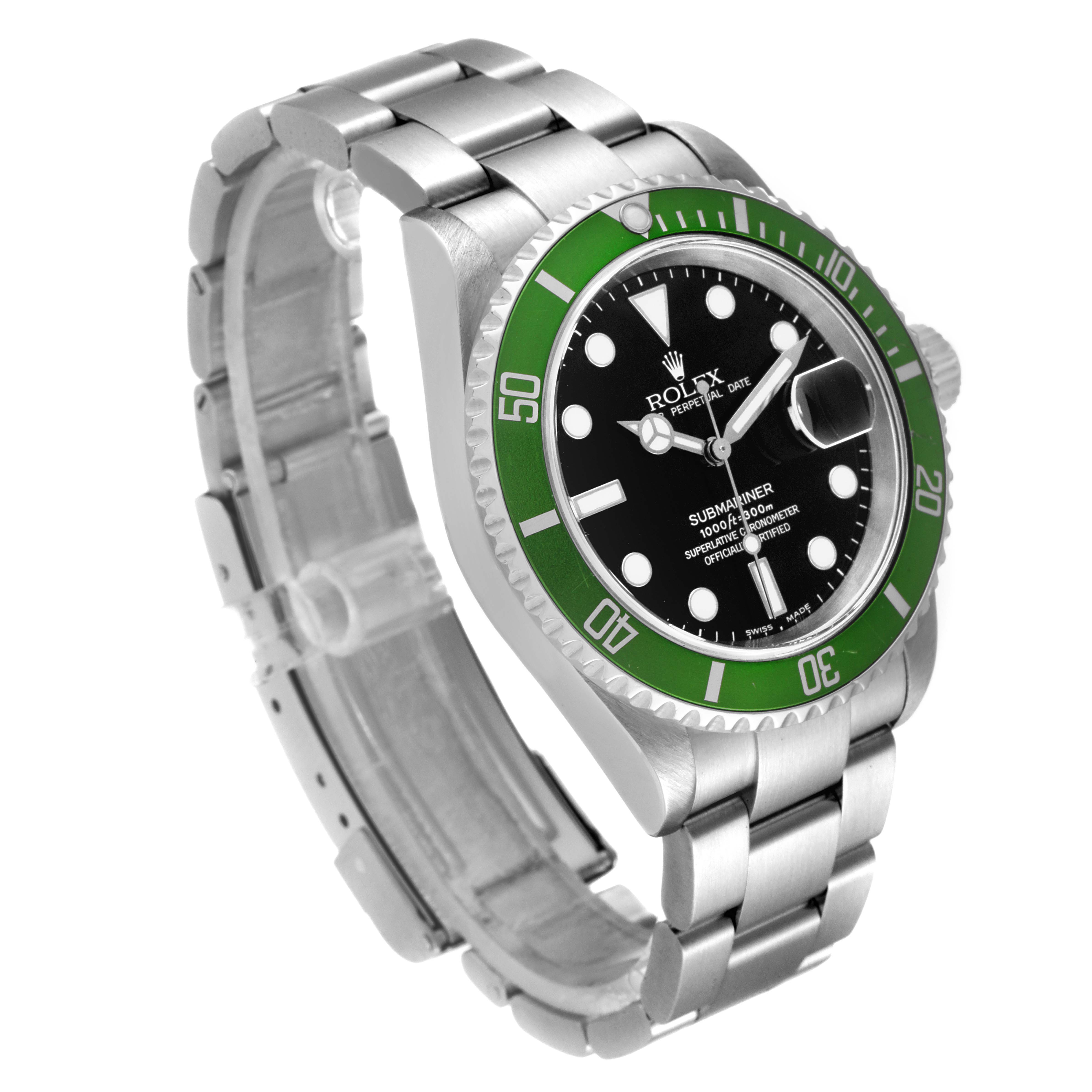 The image shows a Rolex Submariner 16610LV Men's Stainless Steel Black Dial 16610LV Men's Stainless Steel Black Dial watch at a three-quarter angle, highlighting its green bezel, black dial, and stainless steel bracelet.