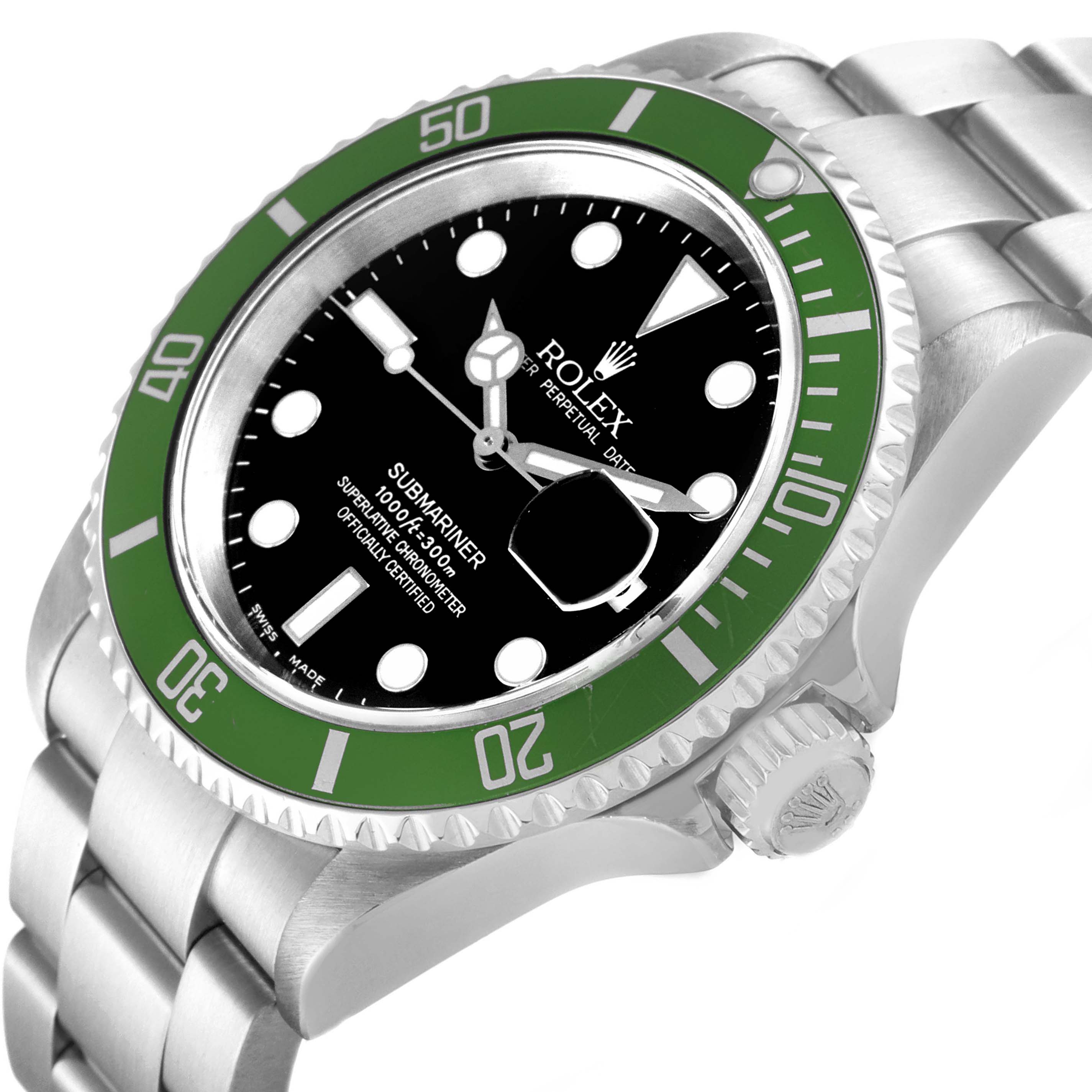 The Rolex Submariner 16610LV Men's Stainless Steel Black Dial watch is shown at an angled view, displaying the face, green bezel, crown, and part of the bracelet.