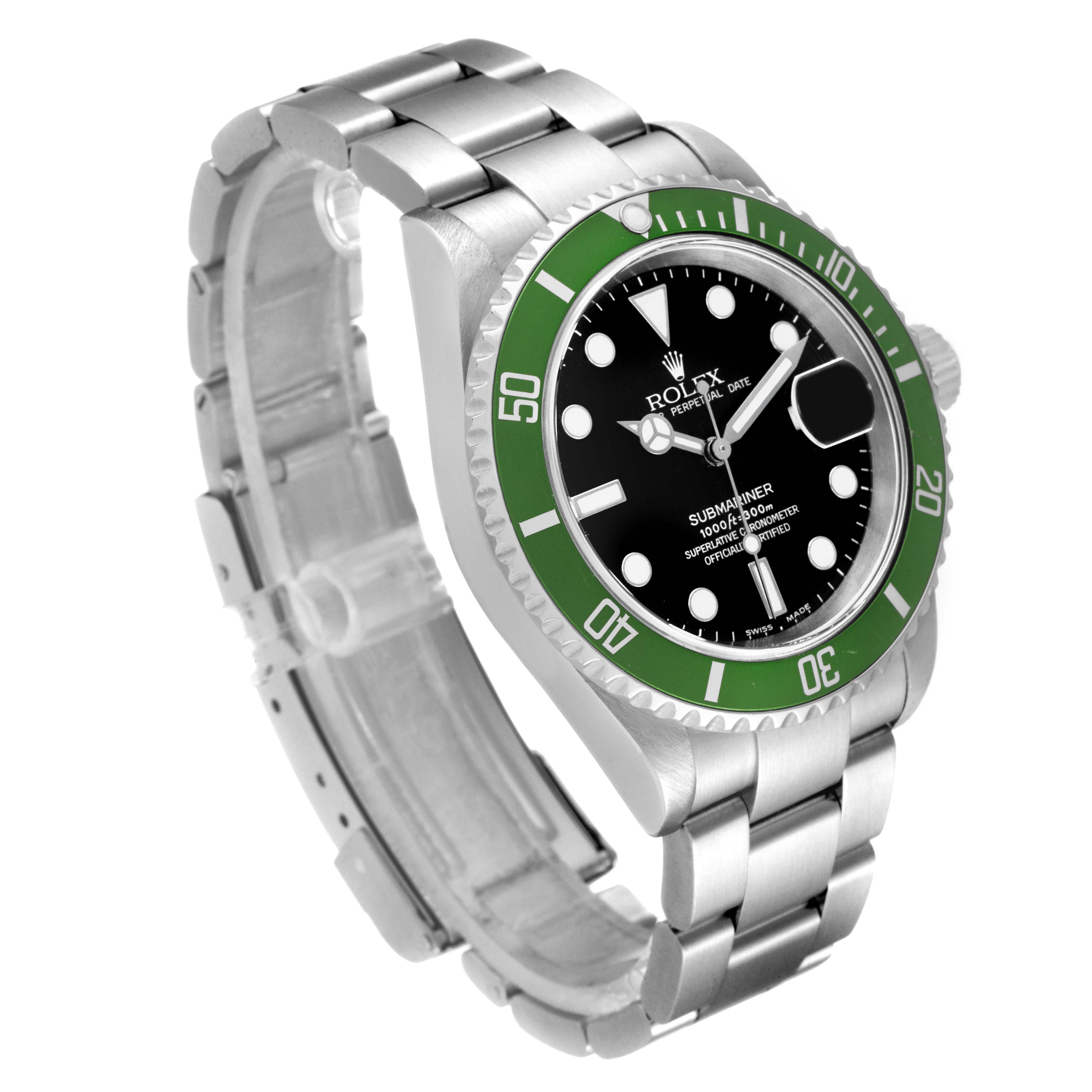 The Rolex Submariner 16610LV Men's Stainless Steel Black Dial watch is shown at a slight angle, highlighting the green bezel, black dial, and metal bracelet.
