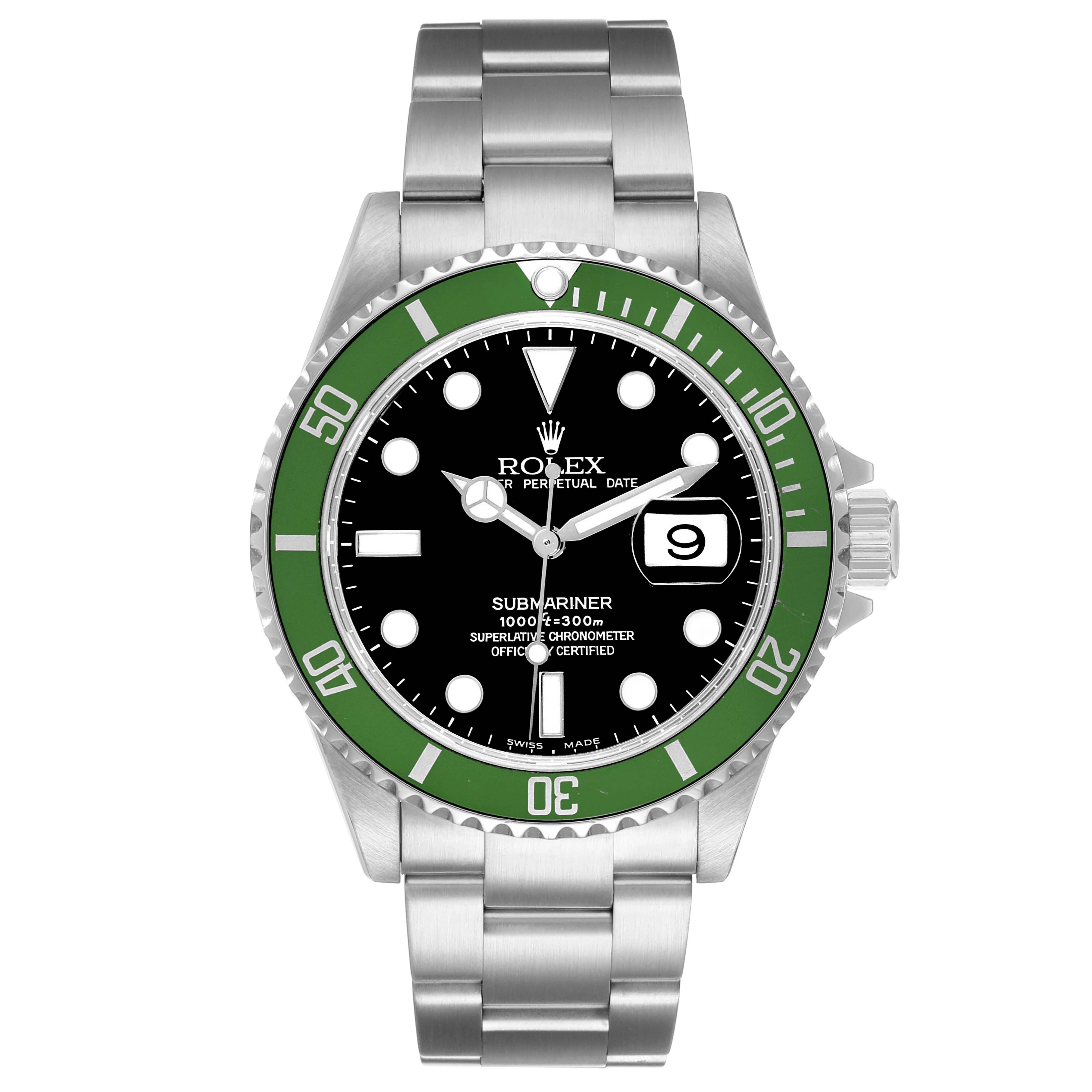 The image shows a front view of a Rolex Submariner 16610LV Men's Stainless Steel Black Dial watch displaying the dial, bezel, and bracelet.