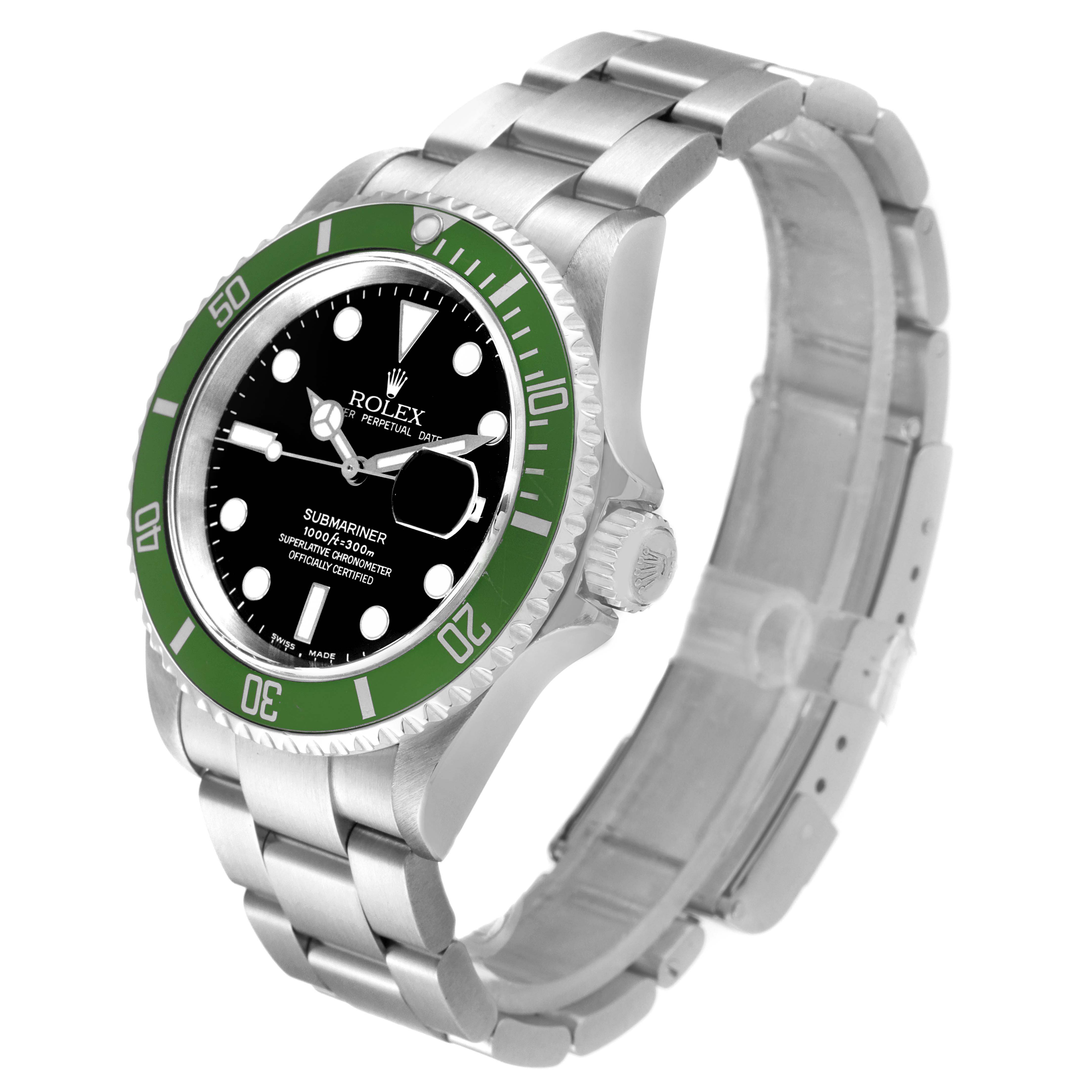 The Rolex Submariner 16610LV Men's Stainless Steel Black Dial watch is shown at an angled side view, displaying its green bezel, black dial, and metal bracelet.