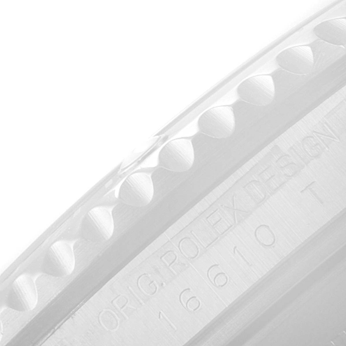 The image shows a close-up of the case side with engraved details of a Rolex Submariner 16610LV Men's Stainless Steel Black Dial.