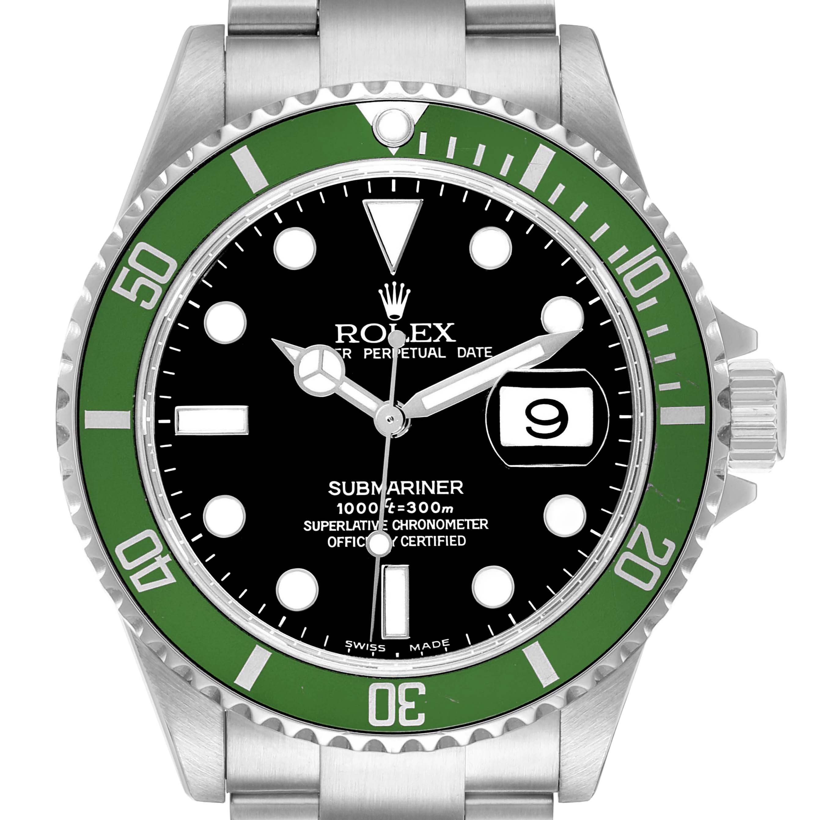The image shows a front view of the Rolex Submariner 16610LV Men's Stainless Steel Black Dial watch, highlighting its black dial, green bezel, and date window.