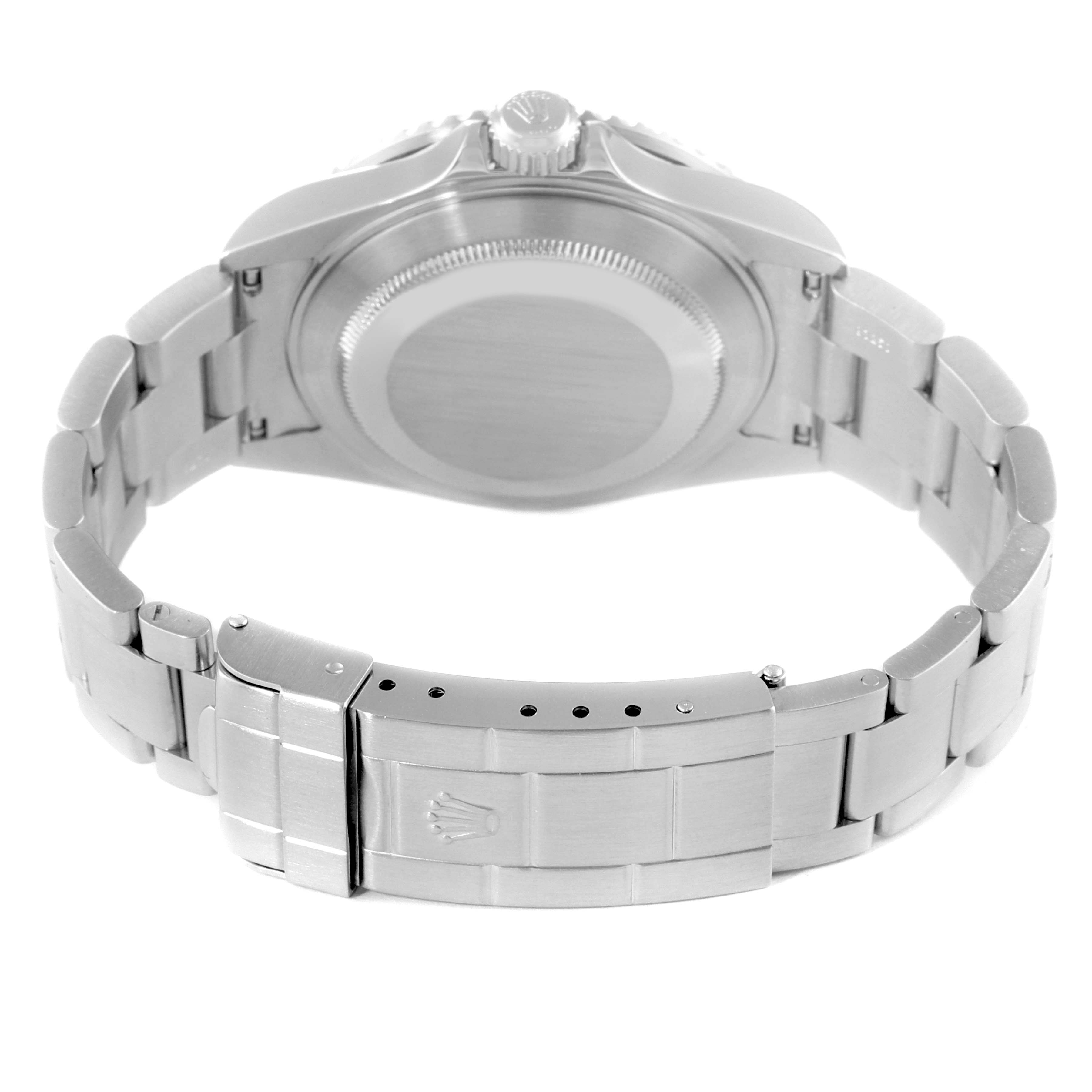 The image shows the back view of the Rolex Submariner 16610LV Men's Stainless Steel Black Dial, highlighting the clasp and bracelet.