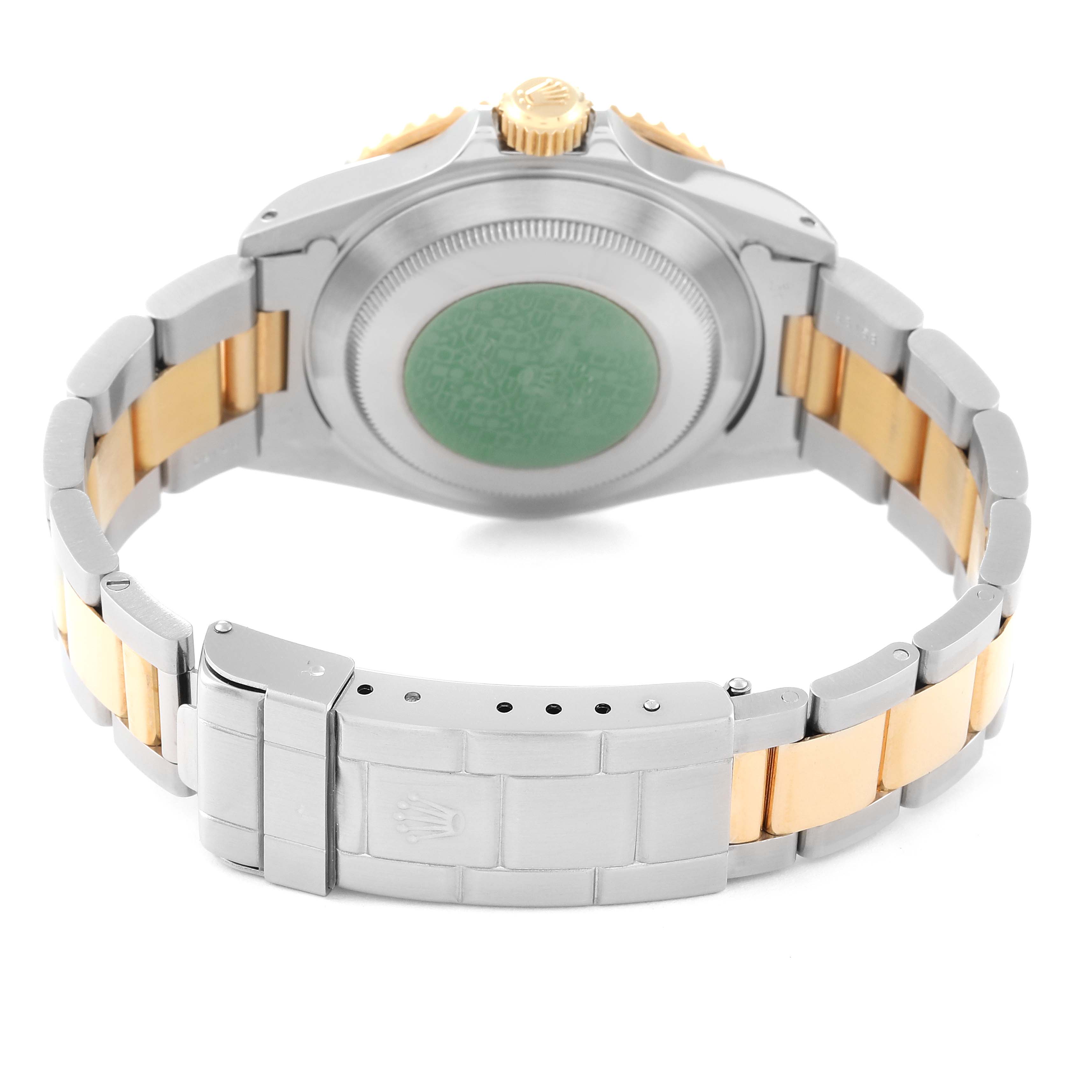 This image shows the back of the Rolex Submariner 16613 Men
s Steel and Gold (two tone) Black Dial 16613 Men
s Steel and Gold (two tone) Black Dial watch, including the case, crown, and two-tone bracelet.