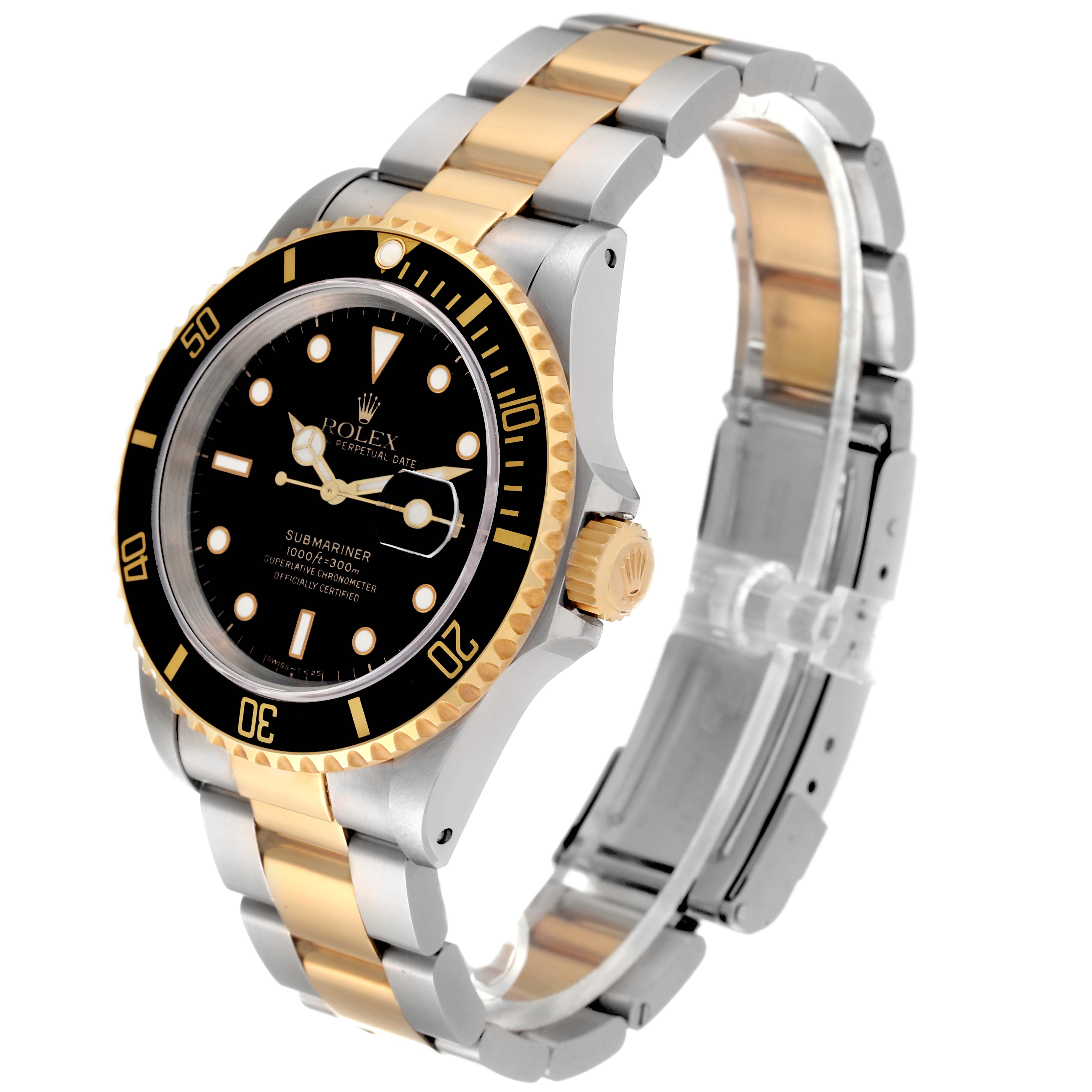 This Rolex Submariner 16613 Men
s Steel and Gold (two tone) Black Dial 16613 Men
s Steel and Gold (two tone) Black Dial watch is shown at a three-quarter angle, highlighting its black dial, gold bezel, and two-tone bracelet.