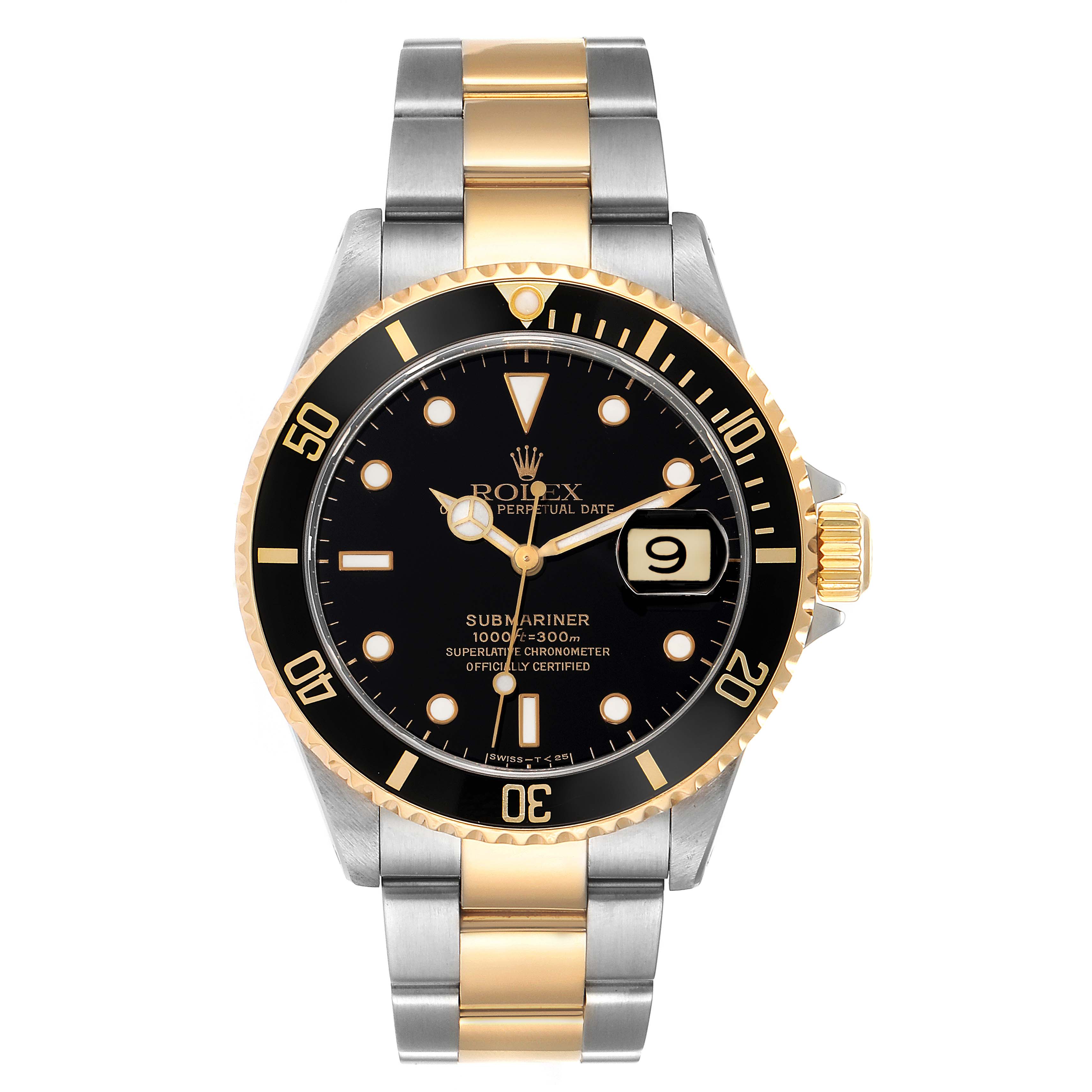 The image shows a front view of a Rolex Submariner 16613 Men
s Steel and Gold (two tone) Black Dial 16613 Men
s Steel and Gold (two tone) Black Dial watch, featuring a black dial, gold accents, and a two-tone bracelet.