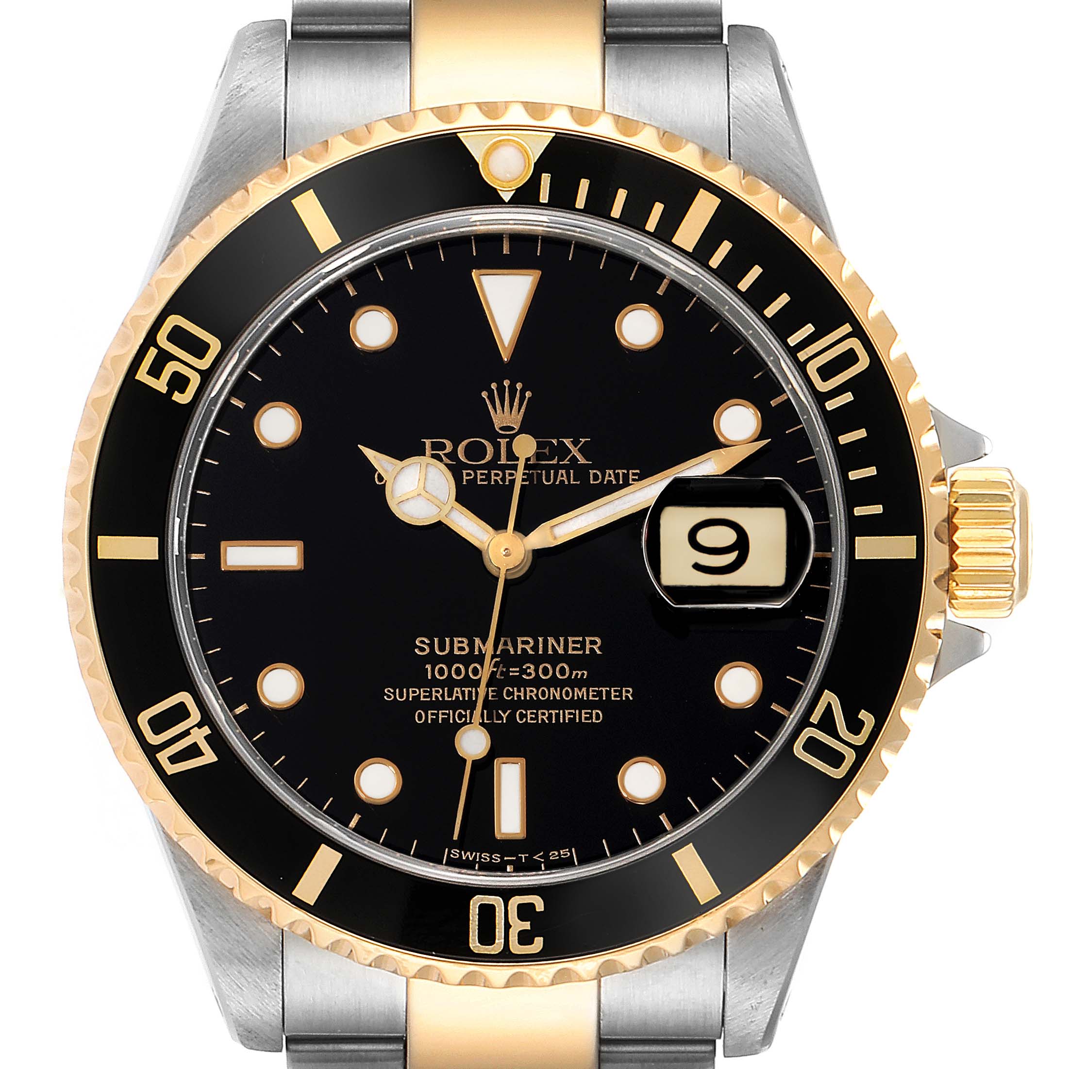 This top-down view of the Rolex Submariner 16613 Men
s Steel and Gold (two tone) Black Dial 16613 Men
s Steel and Gold (two tone) Black Dial watch shows the dial, bezel, and part of the bracelet.
