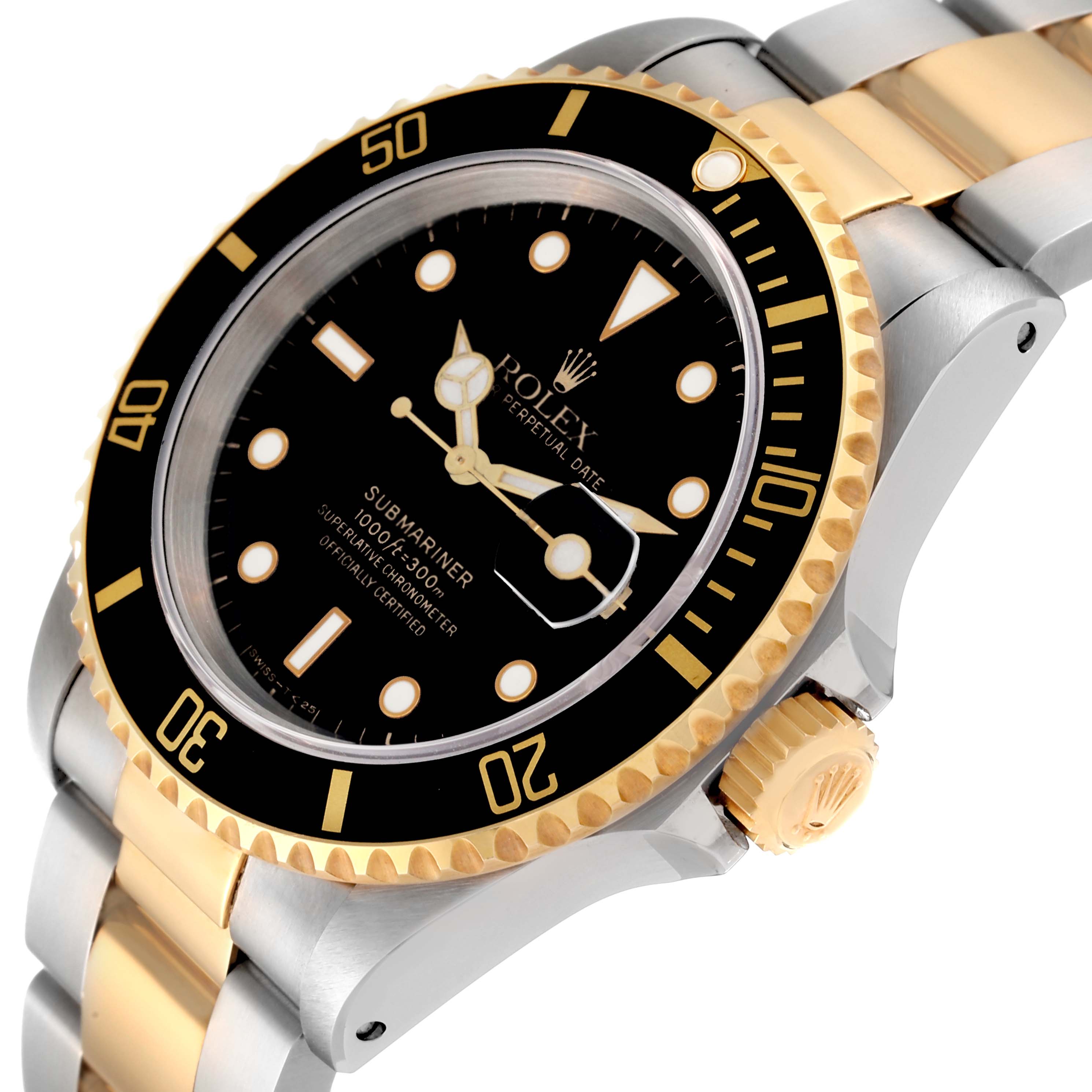 The image shows a Rolex Submariner 16613 Men
s Steel and Gold (two tone) Black Dial 16613 Men
s Steel and Gold (two tone) Black Dial watch at an angled close-up, highlighting the bezel, face, hands, crown, and part of the bracelet.