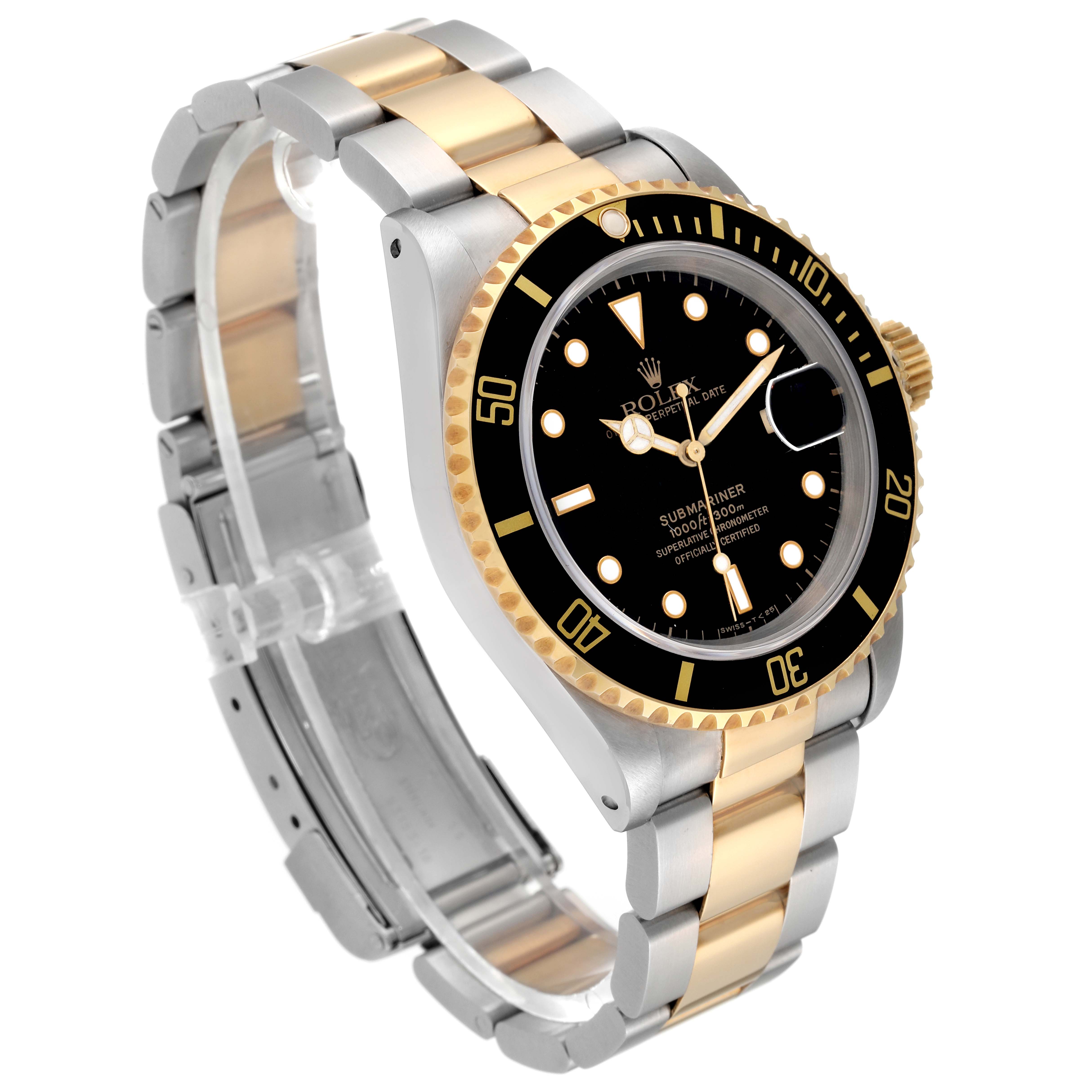 The image shows a Rolex Submariner 16613 Men
s Steel and Gold (two tone) Black Dial 16613 Men
s Steel and Gold (two tone) Black Dial watch at a three-quarter angle, highlighting the black dial, gold bezel, and two-tone bracelet.