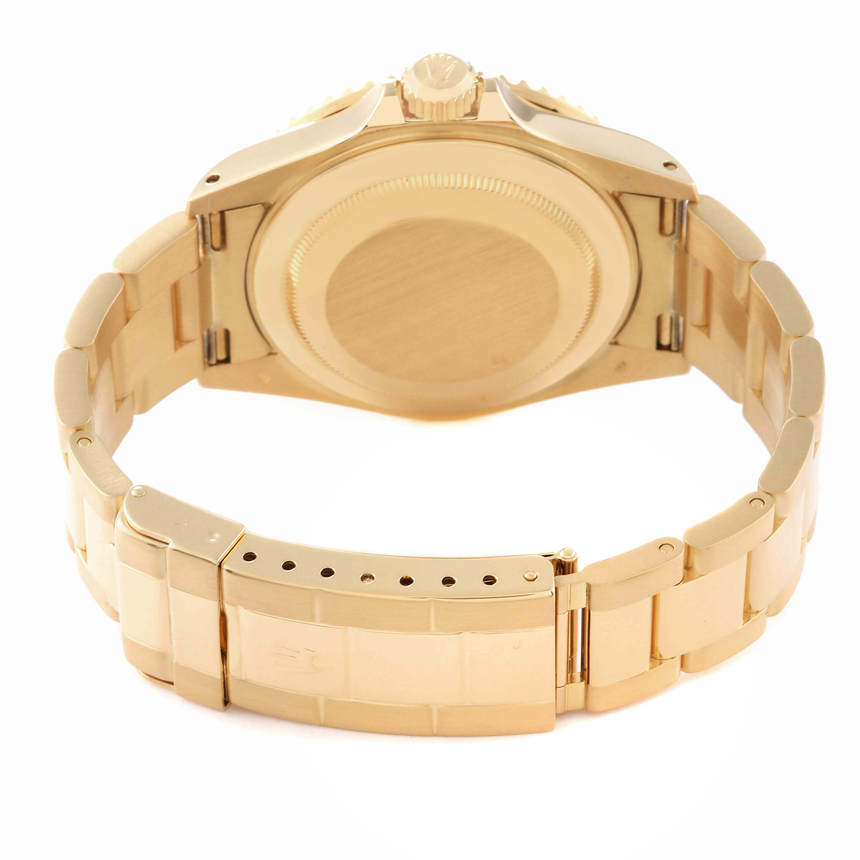 The image shows the backside and clasp of the Rolex Submariner 16618 Men's Yellow Gold Blue Dial 16618 Men's Yellow Gold Blue Dial watch, highlighting the bracelet and case back.