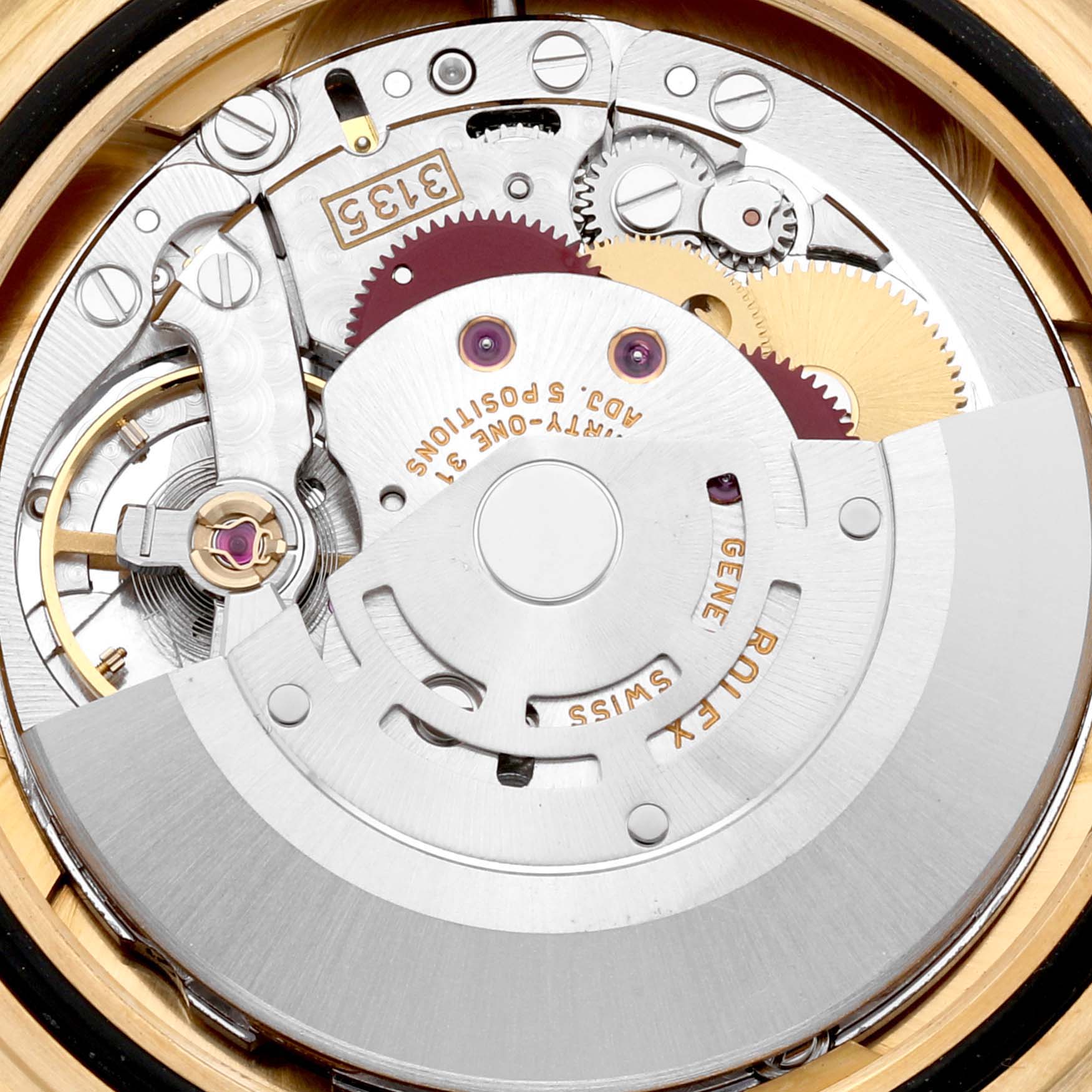 This image shows the movement mechanism of a Rolex Submariner 16618 Men's Yellow Gold Blue Dial 16618 Men's Yellow Gold Blue Dial watch, viewed from the back.