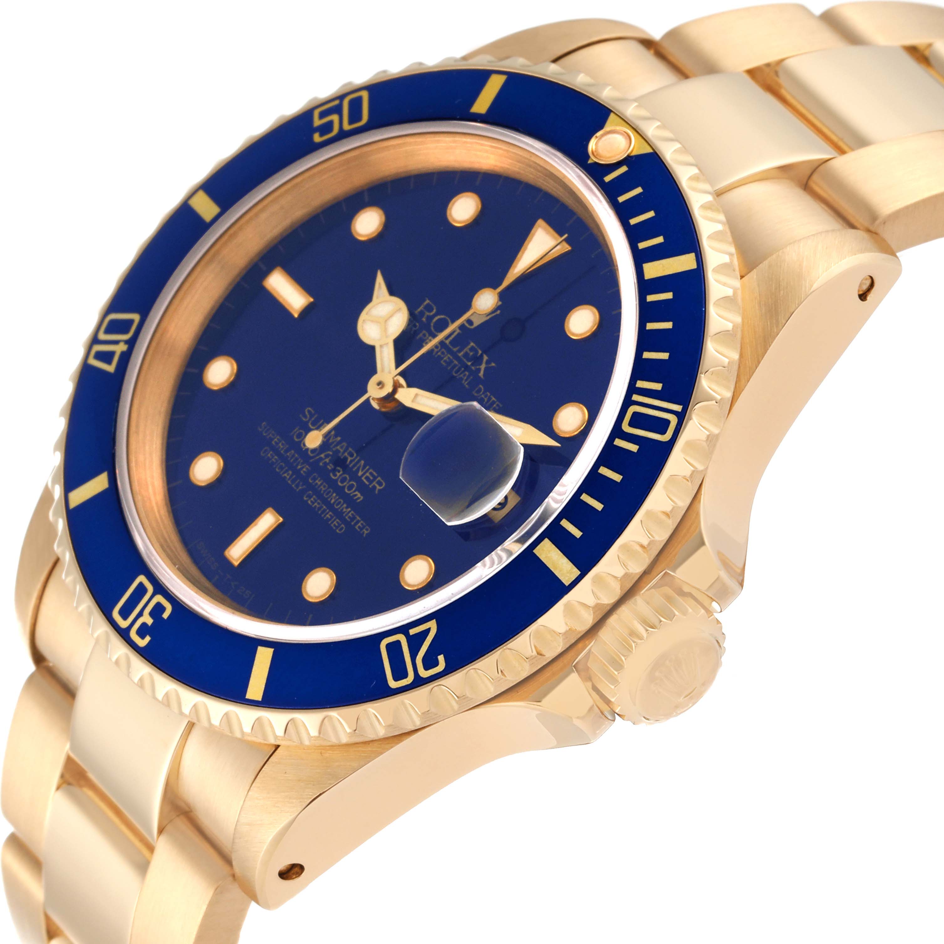 This is a close-up angle of a Rolex Submariner 16618 Men's Yellow Gold Blue Dial 16618 Men's Yellow Gold Blue Dial watch showing the face, bezel, crown, and part of the bracelet.