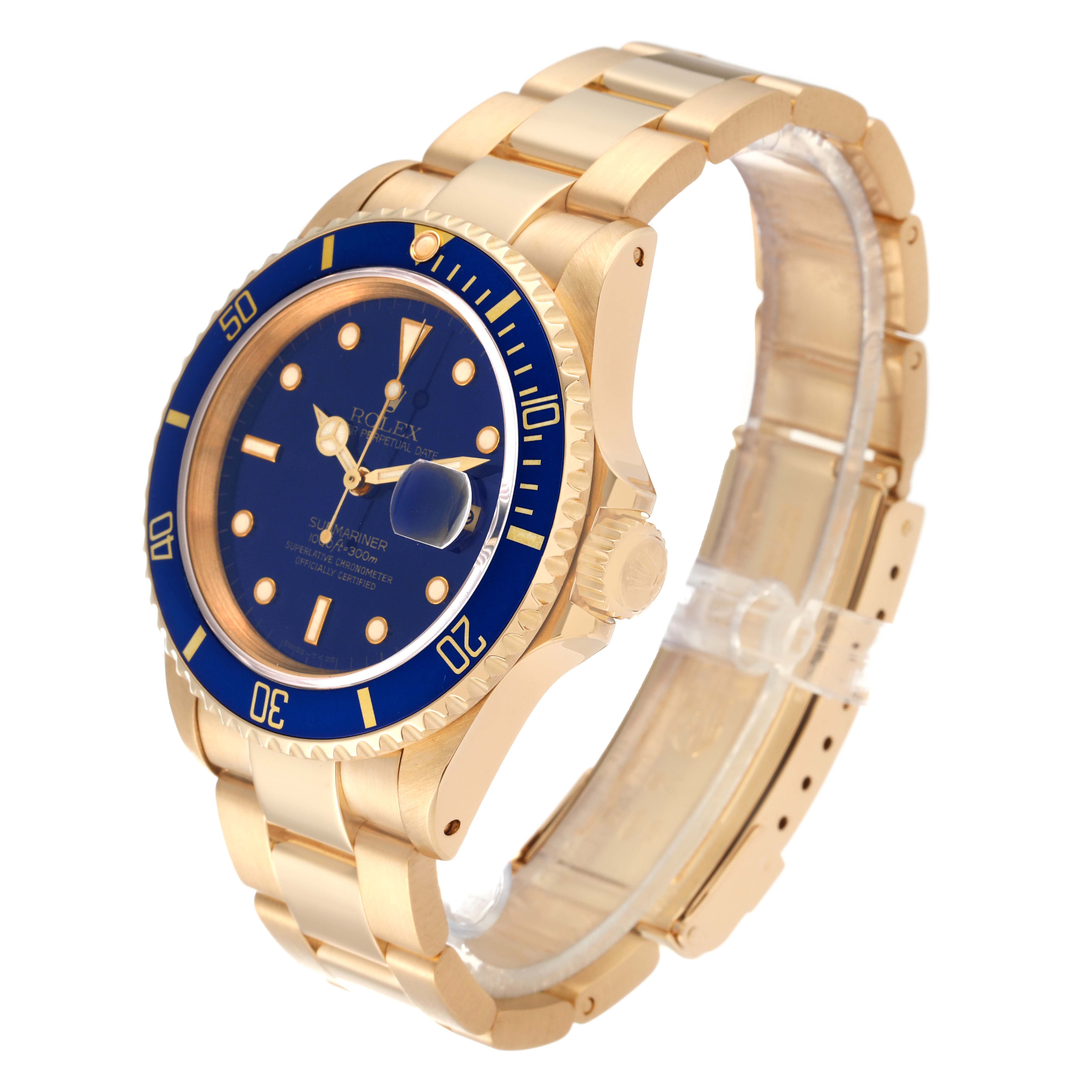 This image shows a Rolex Submariner 16618 Men's Yellow Gold Blue Dial 16618 Men's Yellow Gold Blue Dial watch at a three-quarter angle, highlighting the blue bezel, gold case, and bracelet.