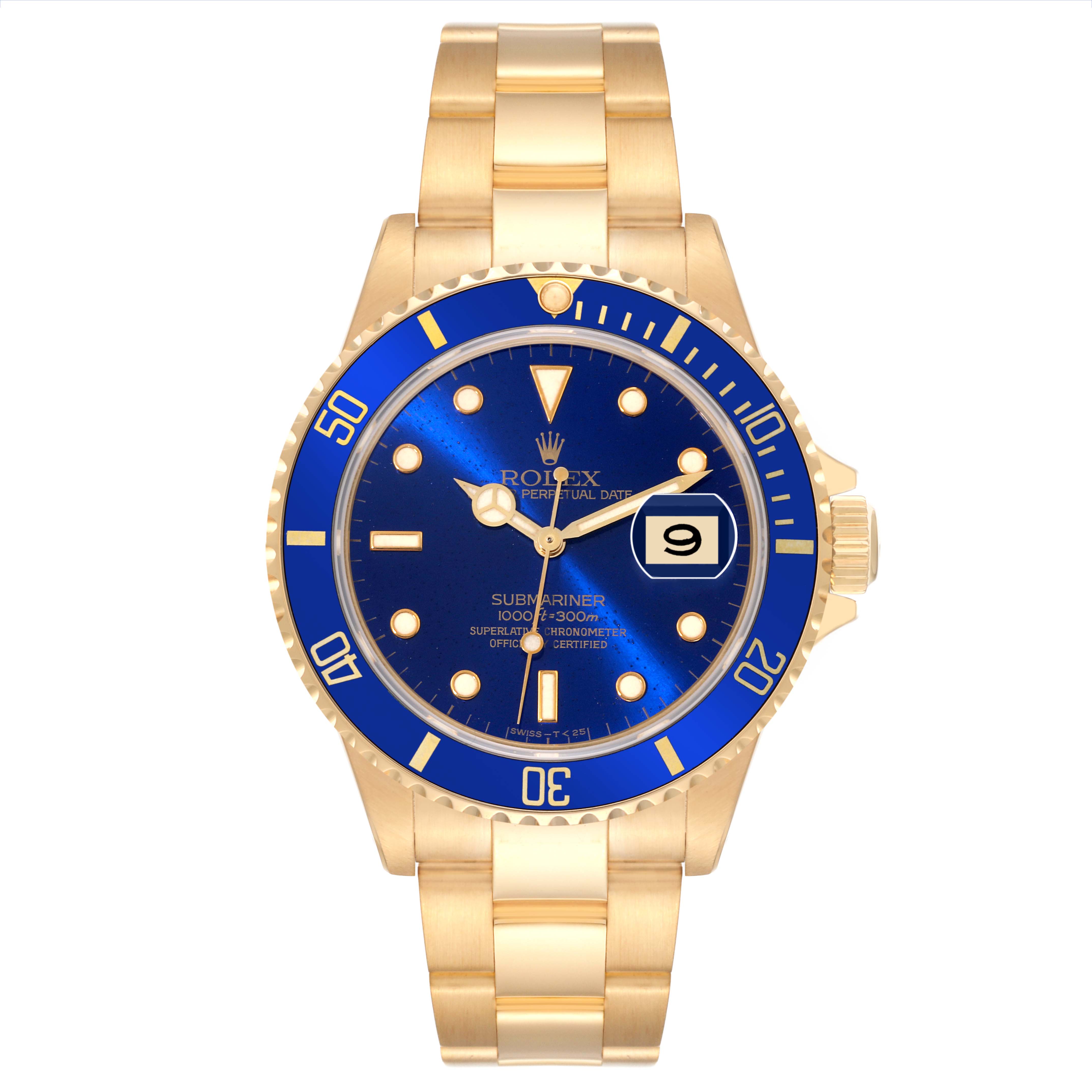 This is a frontal view of a Rolex Submariner 16618 Men's Yellow Gold Blue Dial 16618 Men's Yellow Gold Blue Dial watch featuring a blue dial and gold bracelet.
