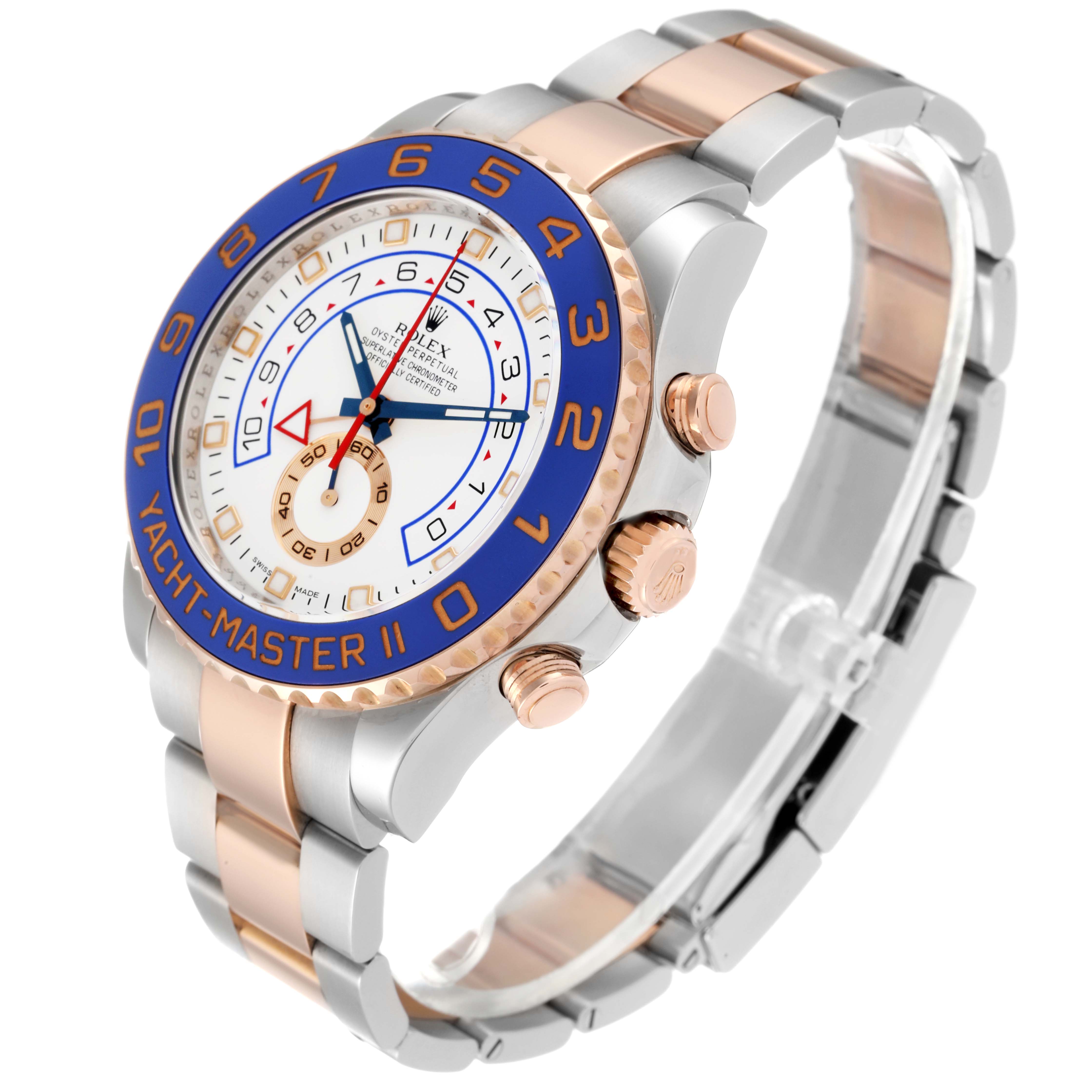 The Rolex Yacht-Master 116681 Men's Steel and Gold (two tone) White Dial 116681 Men's Steel and Gold (two tone) White Dial watch is shown at a three-quarter angle, displaying its bezel, dial, and bracelet clearly.