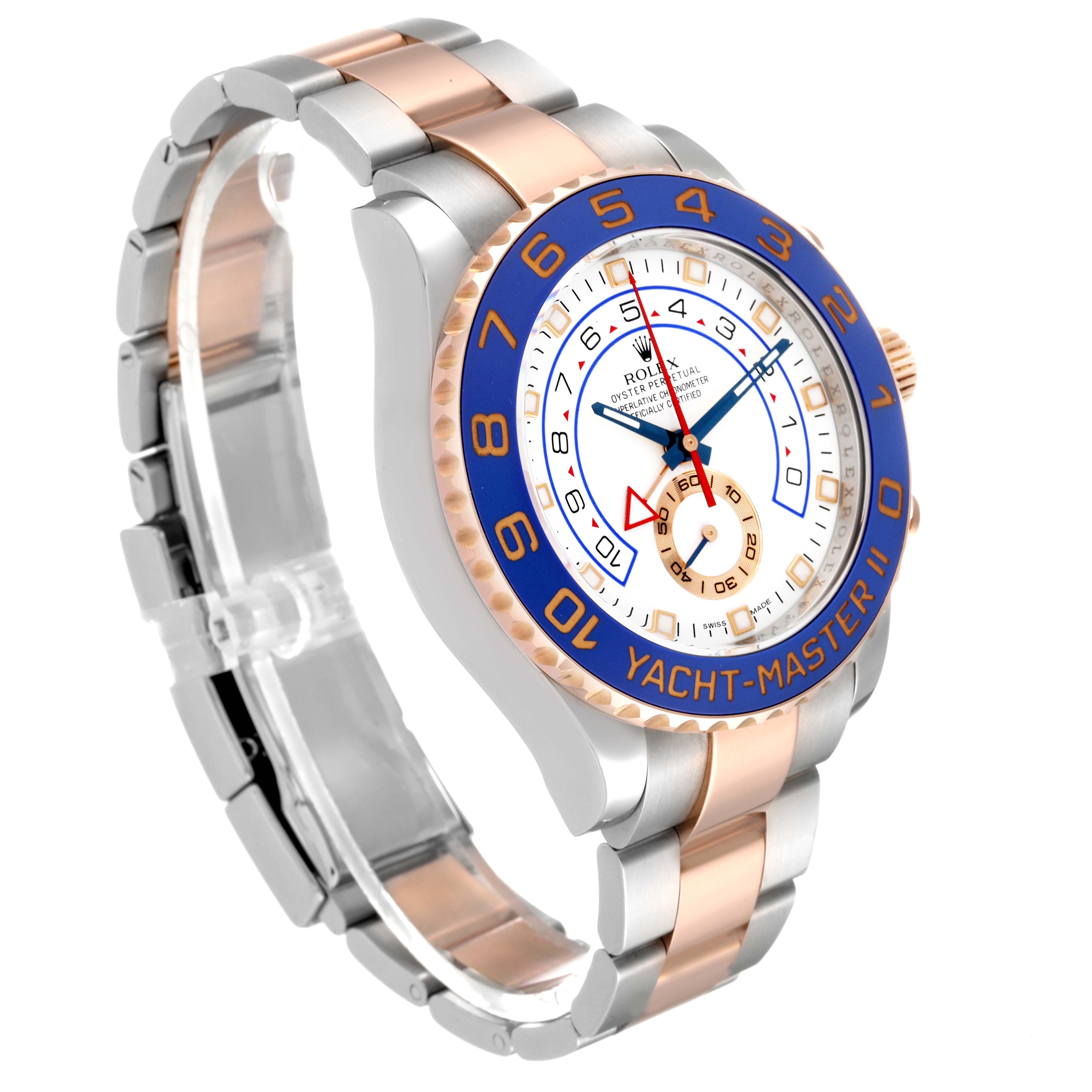 The Rolex Yacht-Master 116681 Men's Steel and Gold (two tone) White Dial 116681 Men's Steel and Gold (two tone) White Dial watch is shown at a three-quarter angle, displaying its dial, bezel, and bracelet.