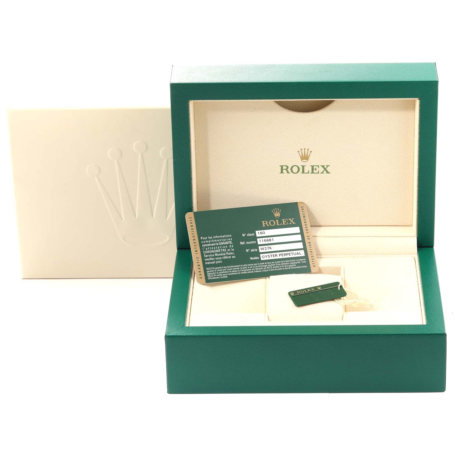 This image shows the packaging and accessories of a Rolex Yacht-Master 116681 Men's Steel and Gold (two tone) White Dial 116681 Men's Steel and Gold (two tone) White Dial watch, including the box, warranty card, and tag.