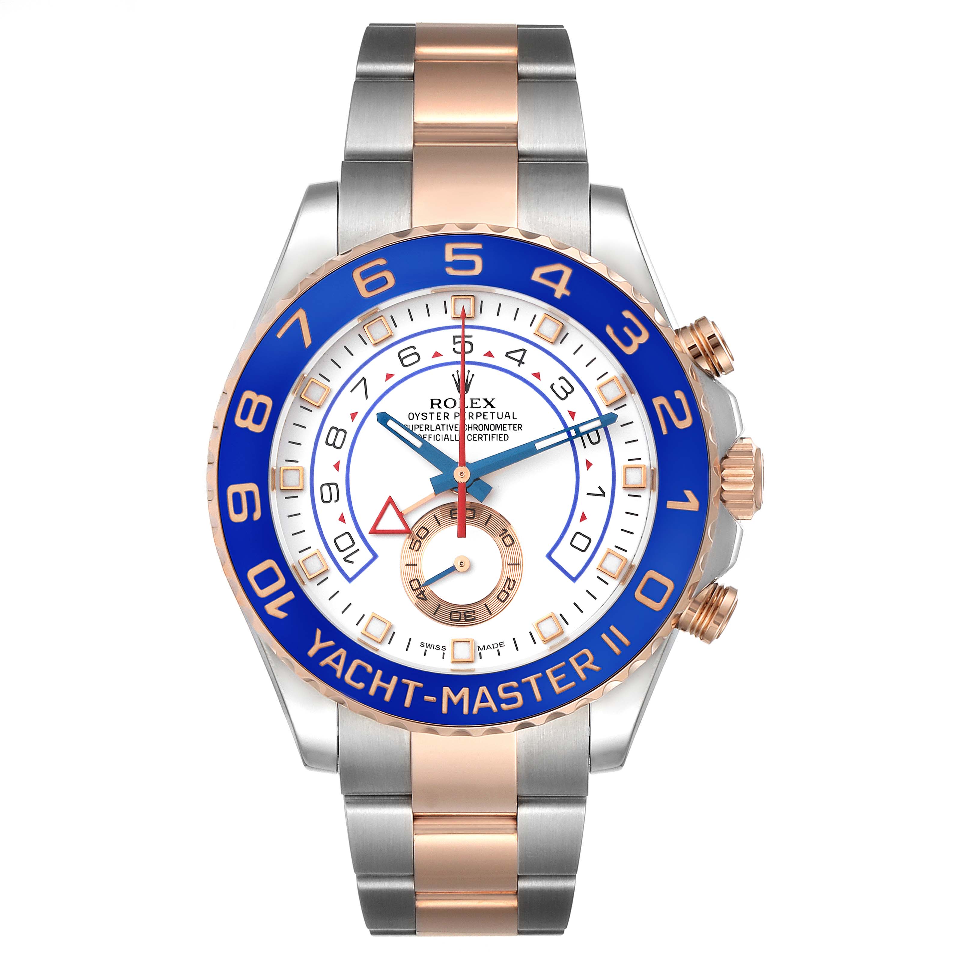 The Rolex Yacht-Master 116681 Men's Steel and Gold (two tone) White Dial 116681 Men's Steel and Gold (two tone) White Dial watch is shown from a front angle, displaying the dial, bezel, and bracelet.