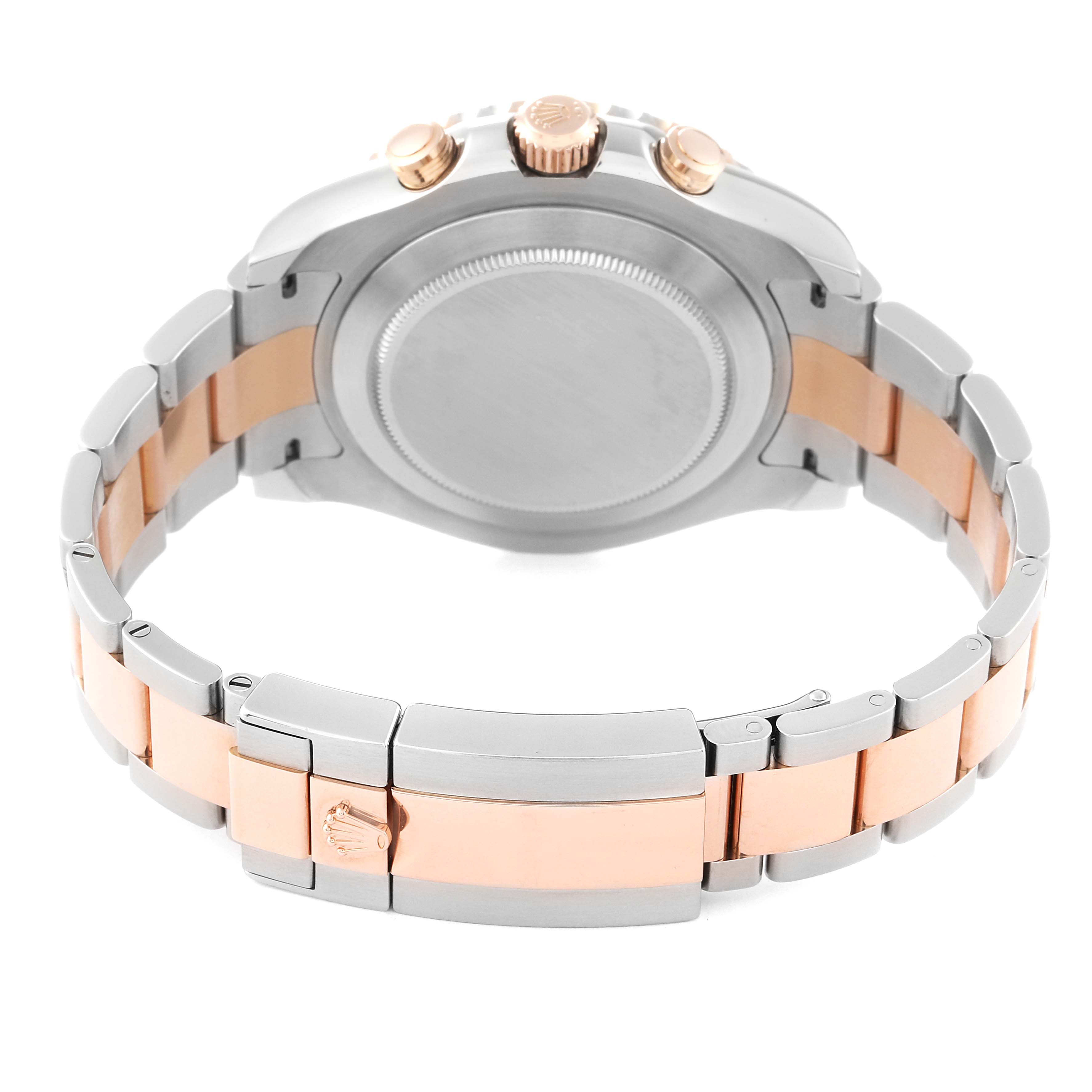 This image shows the back case, crown, and bracelet of the Rolex Yacht-Master 116681 Men's Steel and Gold (two tone) White Dial 116681 Men's Steel and Gold (two tone) White Dial watch.