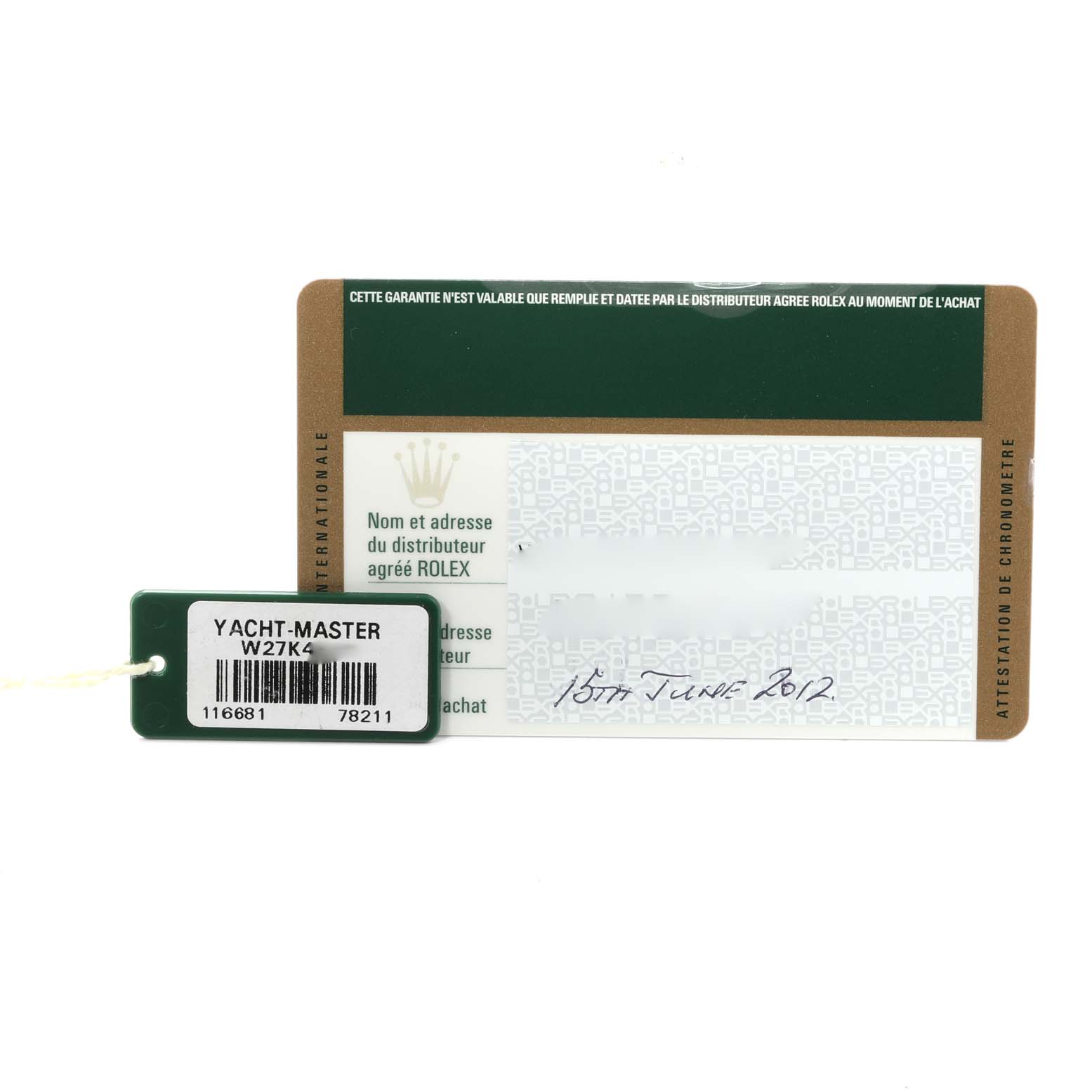 This image shows a Rolex Yacht-Master 116681 Men's Steel and Gold (two tone) White Dial 116681 Men's Steel and Gold (two tone) White Dial tag and warranty card from a front angle.