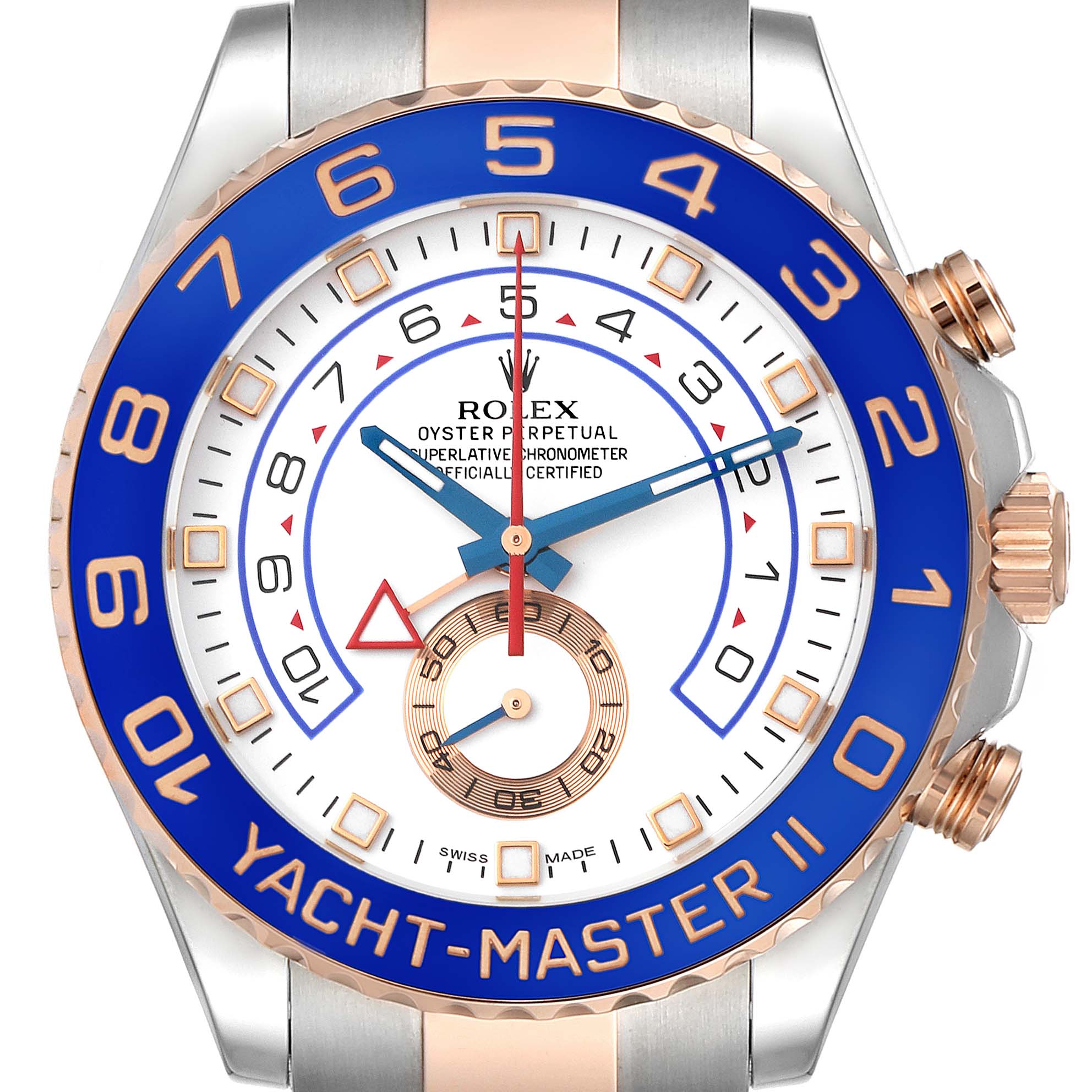The image shows a front view of the Rolex Yacht-Master 116681 Men's Steel and Gold (two tone) White Dial 116681 Men's Steel and Gold (two tone) White Dial II watch, highlighting the blue bezel and white dial.