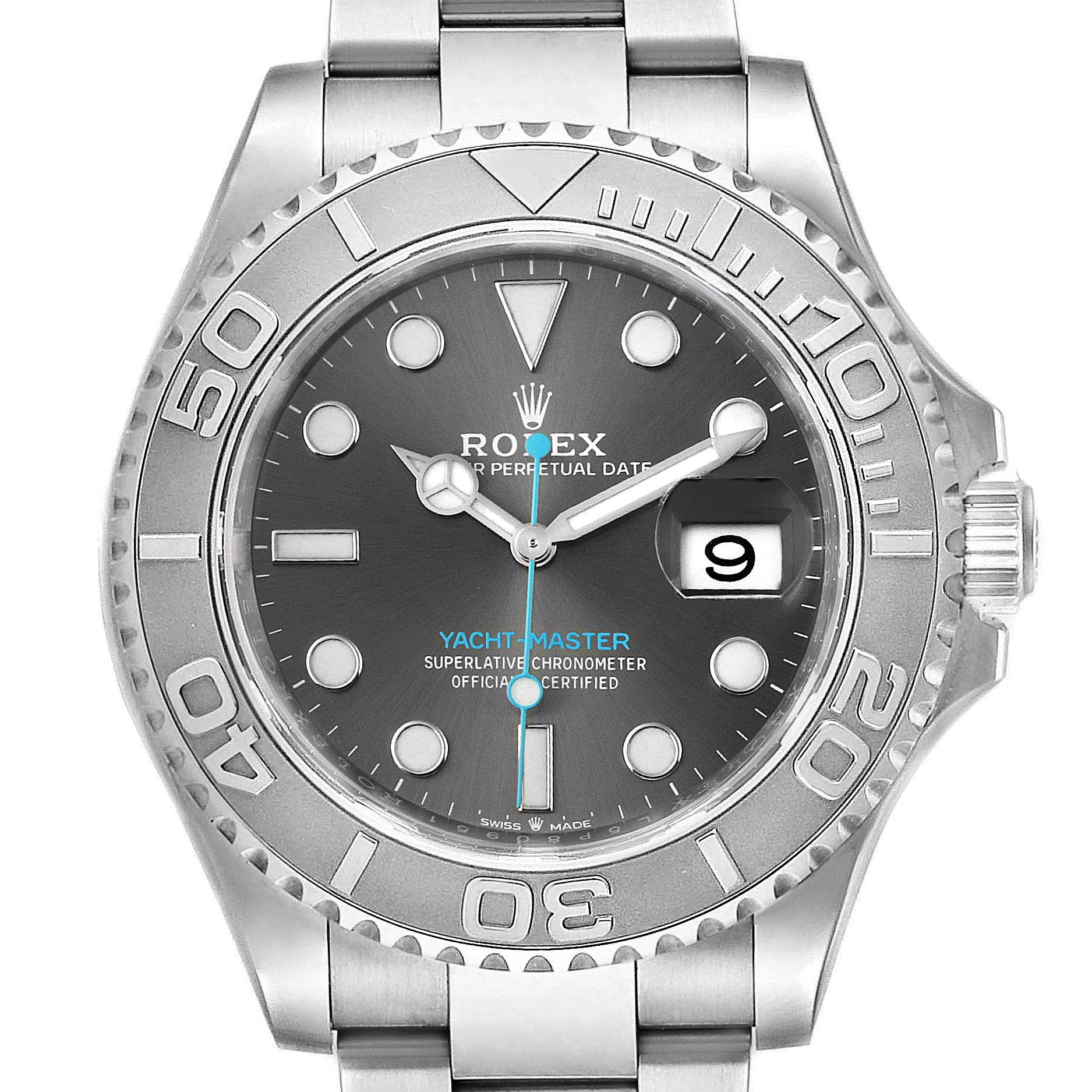 The image shows a front view of the Rolex Yacht-Master 116622 Men's Stainless Steel Grey Dial 116622 Men's Stainless Steel Grey Dial watch, highlighting the dial, bezel, and bracelet.