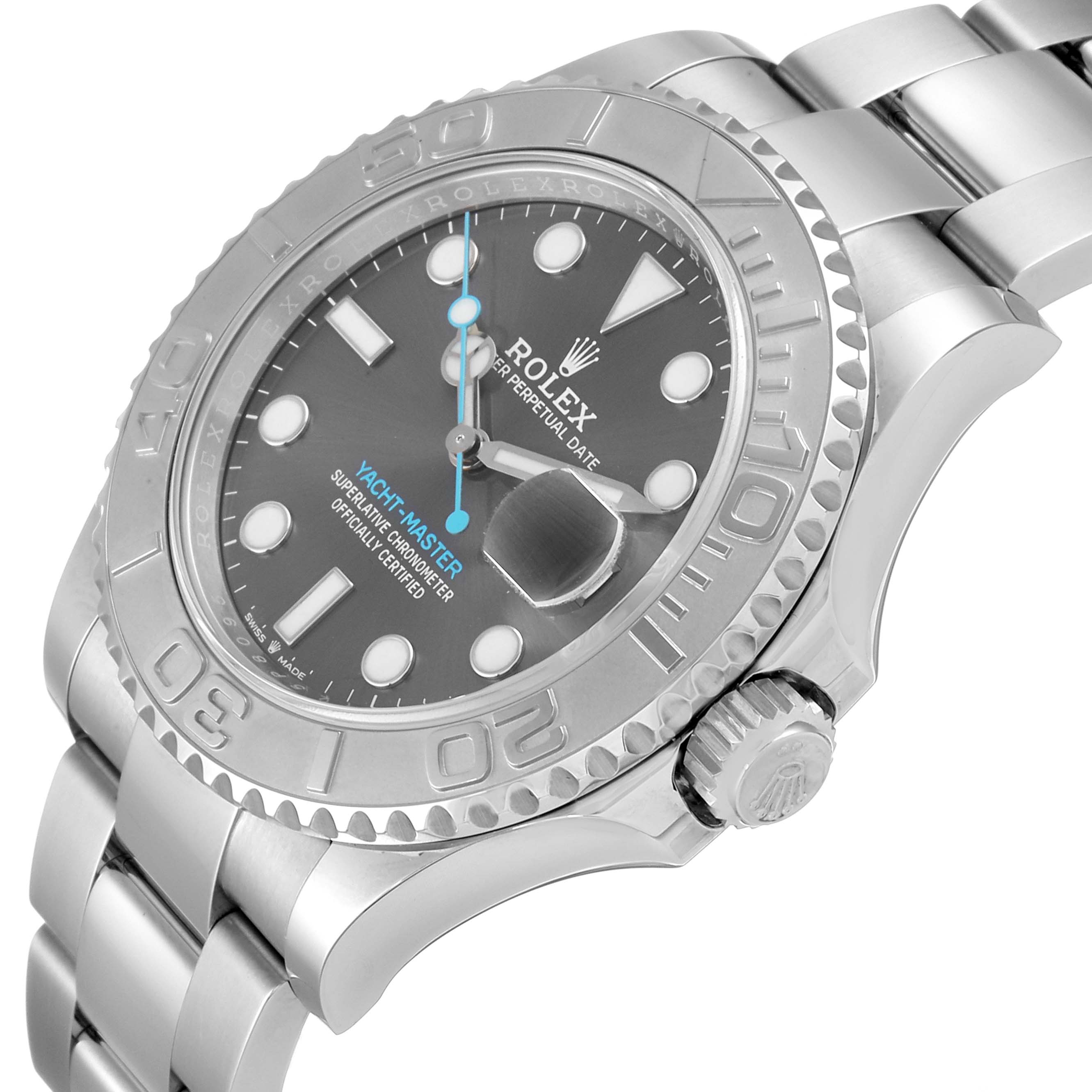 The image shows a close-up, angled view of the Rolex Yacht-Master 116622 Men's Stainless Steel Grey Dial 116622 Men's Stainless Steel Grey Dial watch's face, bezel, crown, and part of the bracelet.