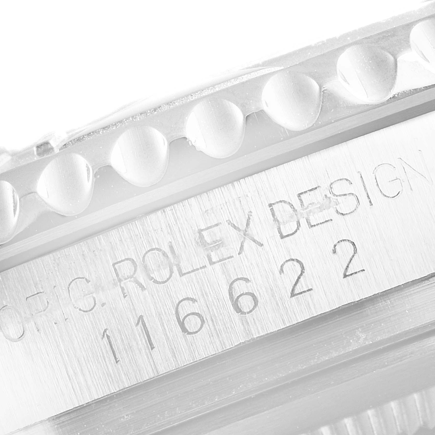 This image shows a close-up of the Rolex Yacht-Master 116622 Men's Stainless Steel Grey Dial 116622 Men's Stainless Steel Grey Dial model's bezel and engraved serial number "116622."