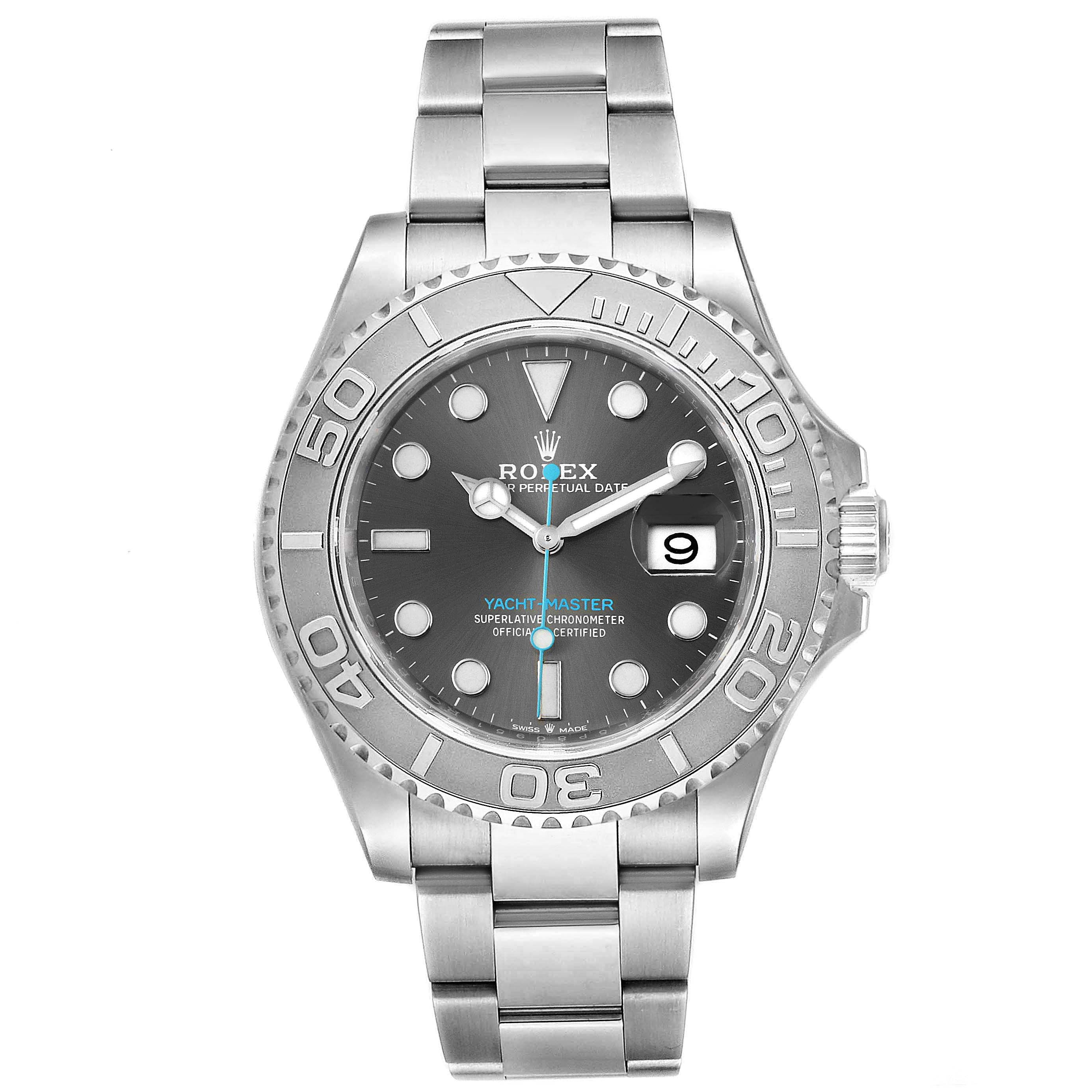 The image shows a front view of the Rolex Yacht-Master 116622 Men's Stainless Steel Grey Dial 116622 Men's Stainless Steel Grey Dial watch, displaying its face, bezel, bracelet, and crown.