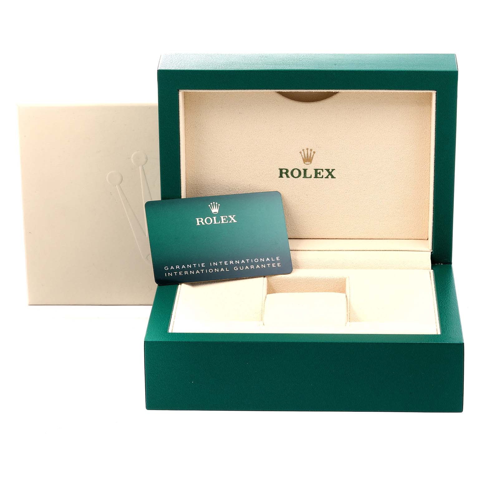 The image shows the box and international guarantee card for the Rolex Yacht-Master 116622 Men's Stainless Steel Grey Dial 116622 Men's Stainless Steel Grey Dial watch.