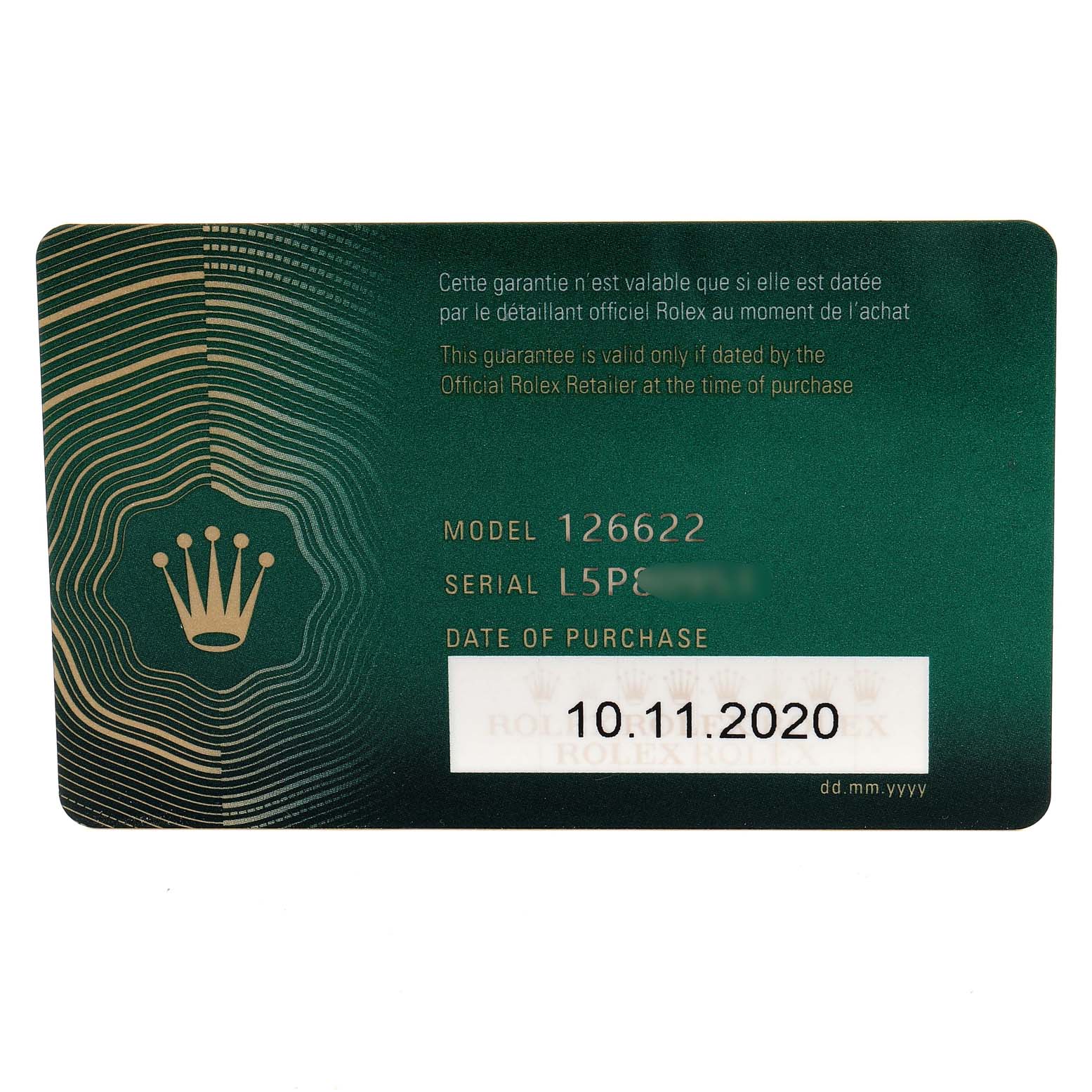 This image shows a guarantee card for the Rolex Yacht-Master 116622 Men's Stainless Steel Grey Dial 116622 Men's Stainless Steel Grey Dial model, including the model number, serial number, and date of purchase.